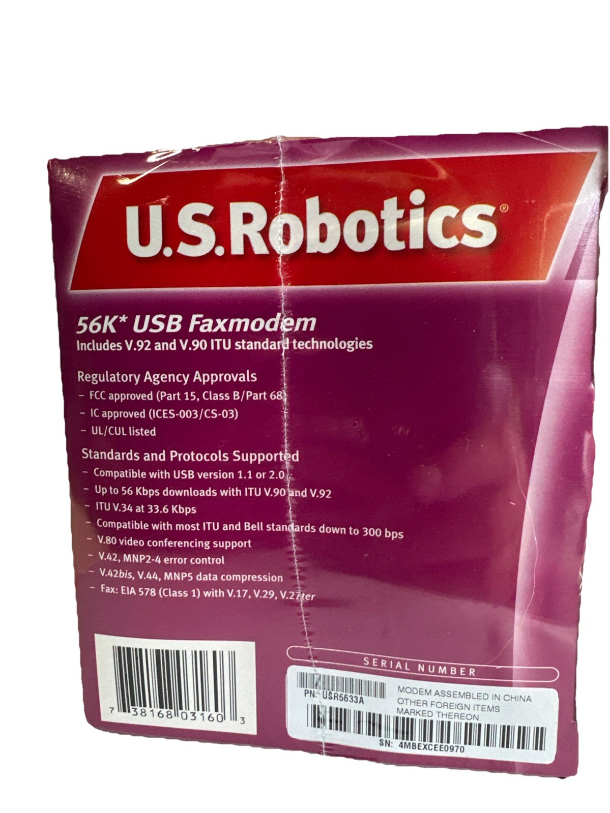 U.S. Robotics 56K Fax Modem USB V.92 V.90 56K ITU USR5633A – New Sealed