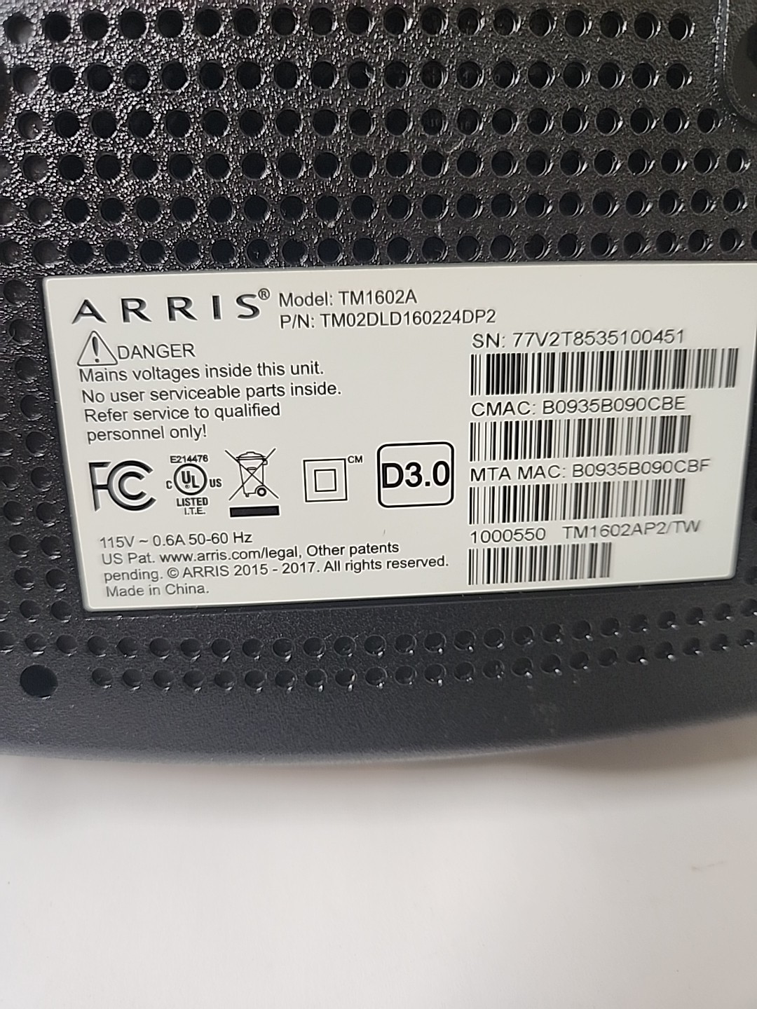ARRIS Touchstone TM1602A DOCSIS 3.0 E-MTA with Power Cable Open Box