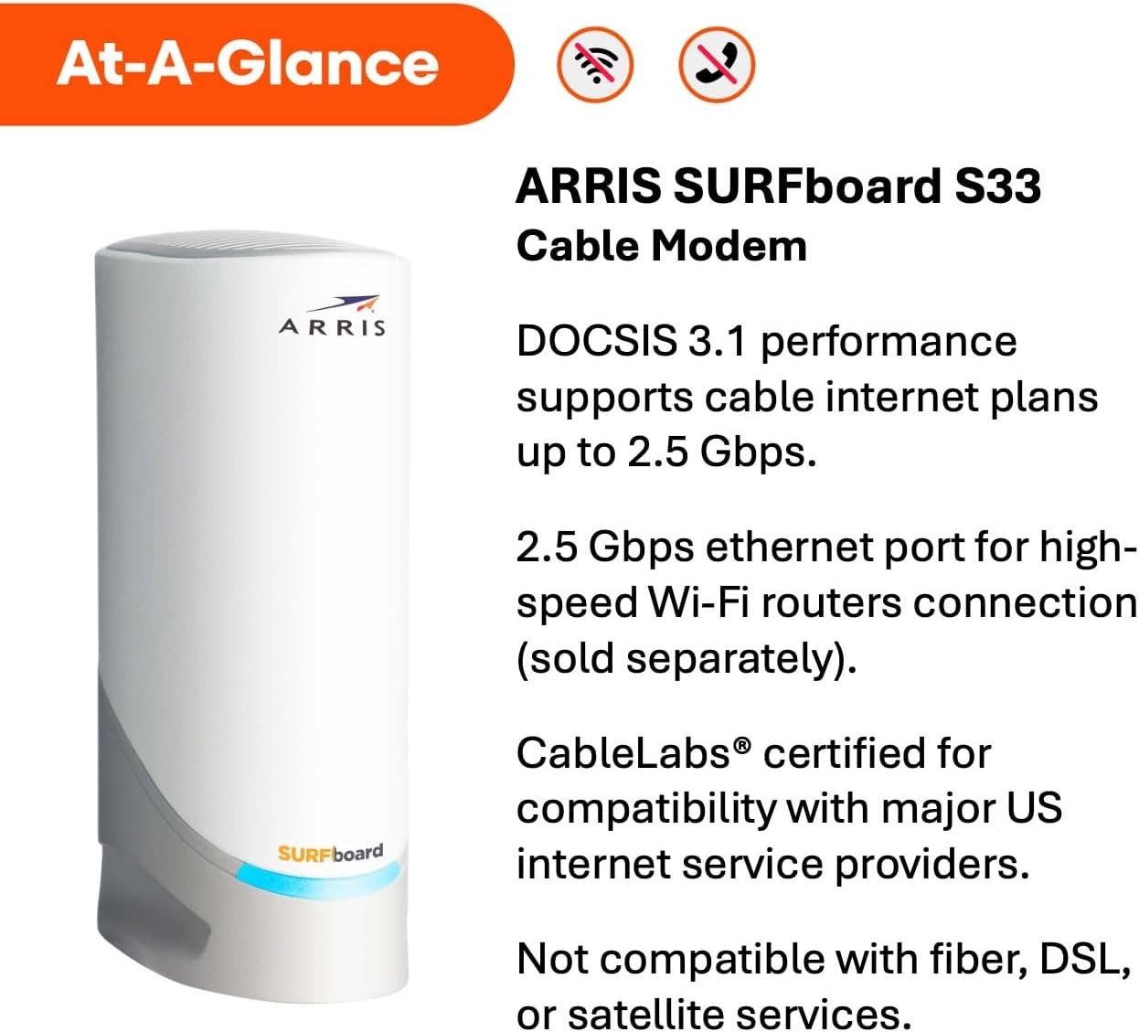 ARRIS S33 SURFboard DOCSIS 3.1 Multi-Gigabit Cable Modem 2.5 Gbps Ethernet Port