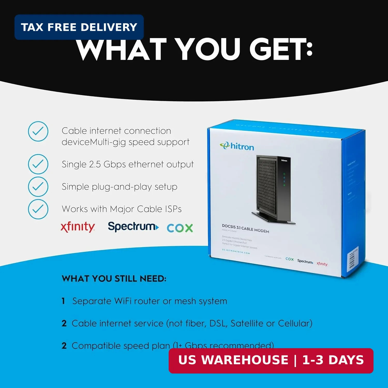 Hitron CODA56 Cable Internet Modem ONLY – DOCSIS 3.1 | 2.5 Gbps | NO WiFi – Requ