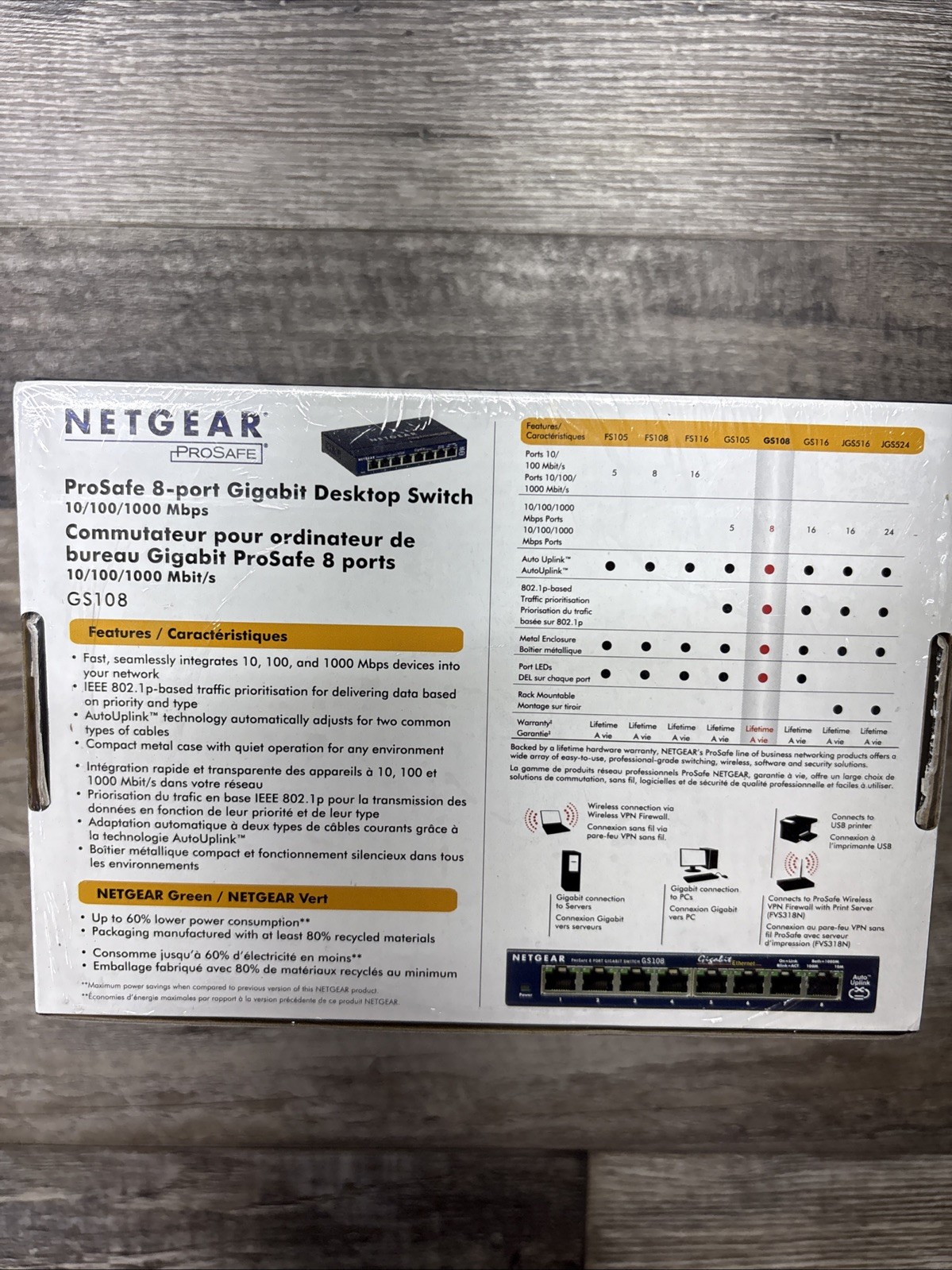 Netgear Prosafe 8 Port Gigabit Switch GS108 10/100/1000 Mbps New in Box