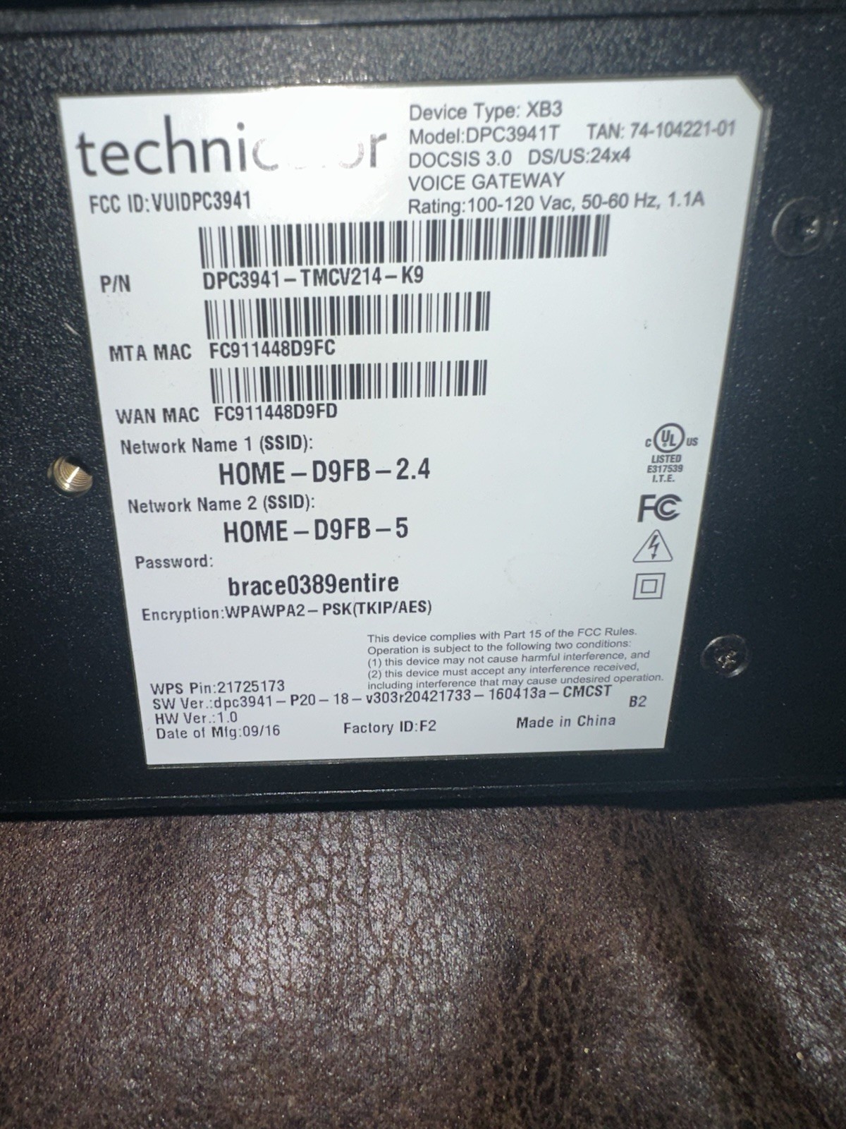 Xfinity Technicolor XB3 Wireless Gateway (Model DPC3941T)