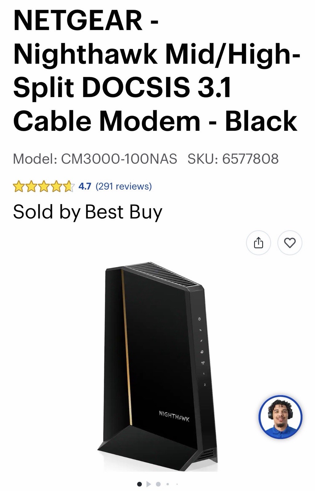 Nighthawk DOCSIS 3.1 Mid/High-Split Cable Modem (CM3000) Pre-owned
