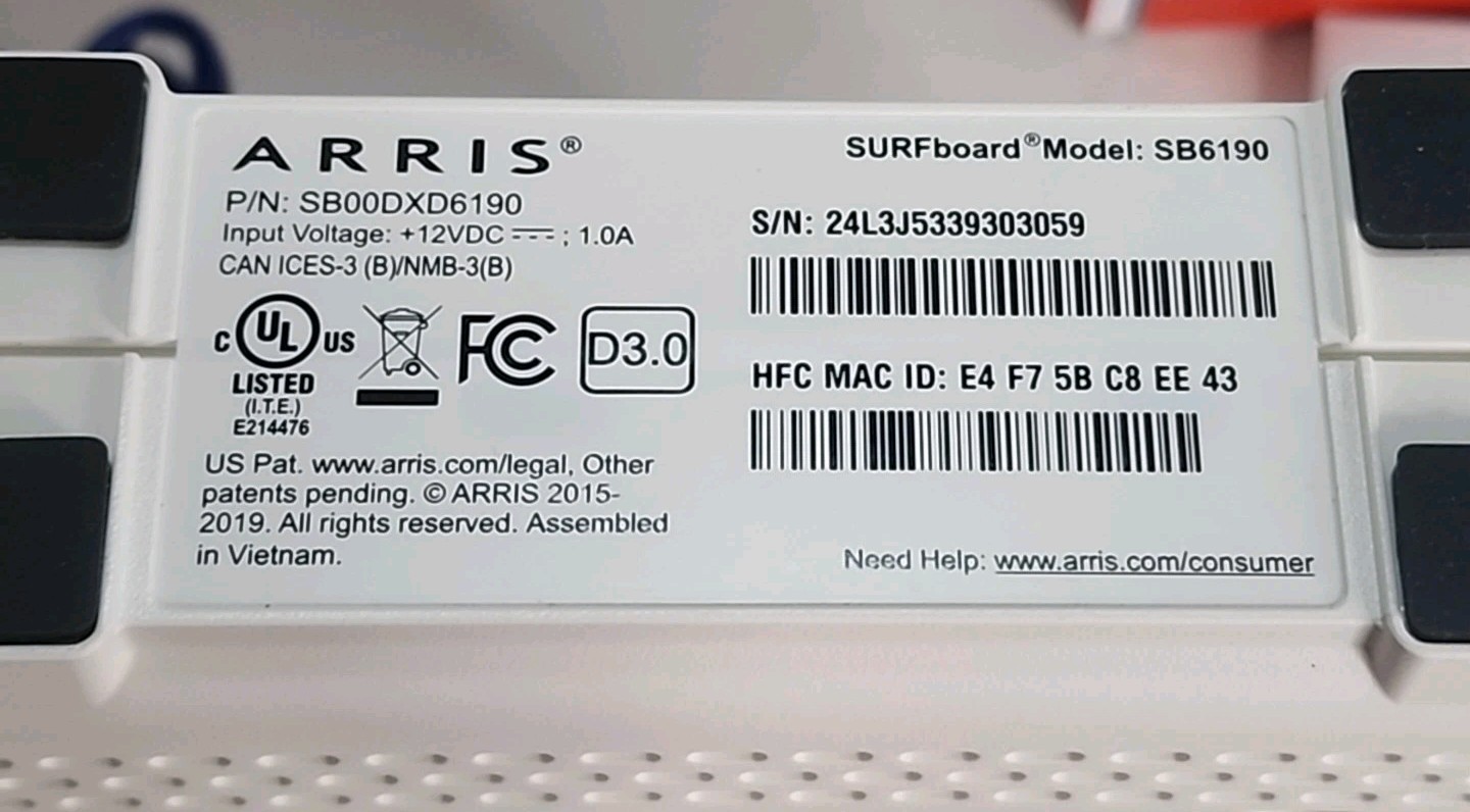 ARRIS SURFboard SB6190 DOCSIS 3.0 32 x 8 Gigabit Cable Modem White (BT3)