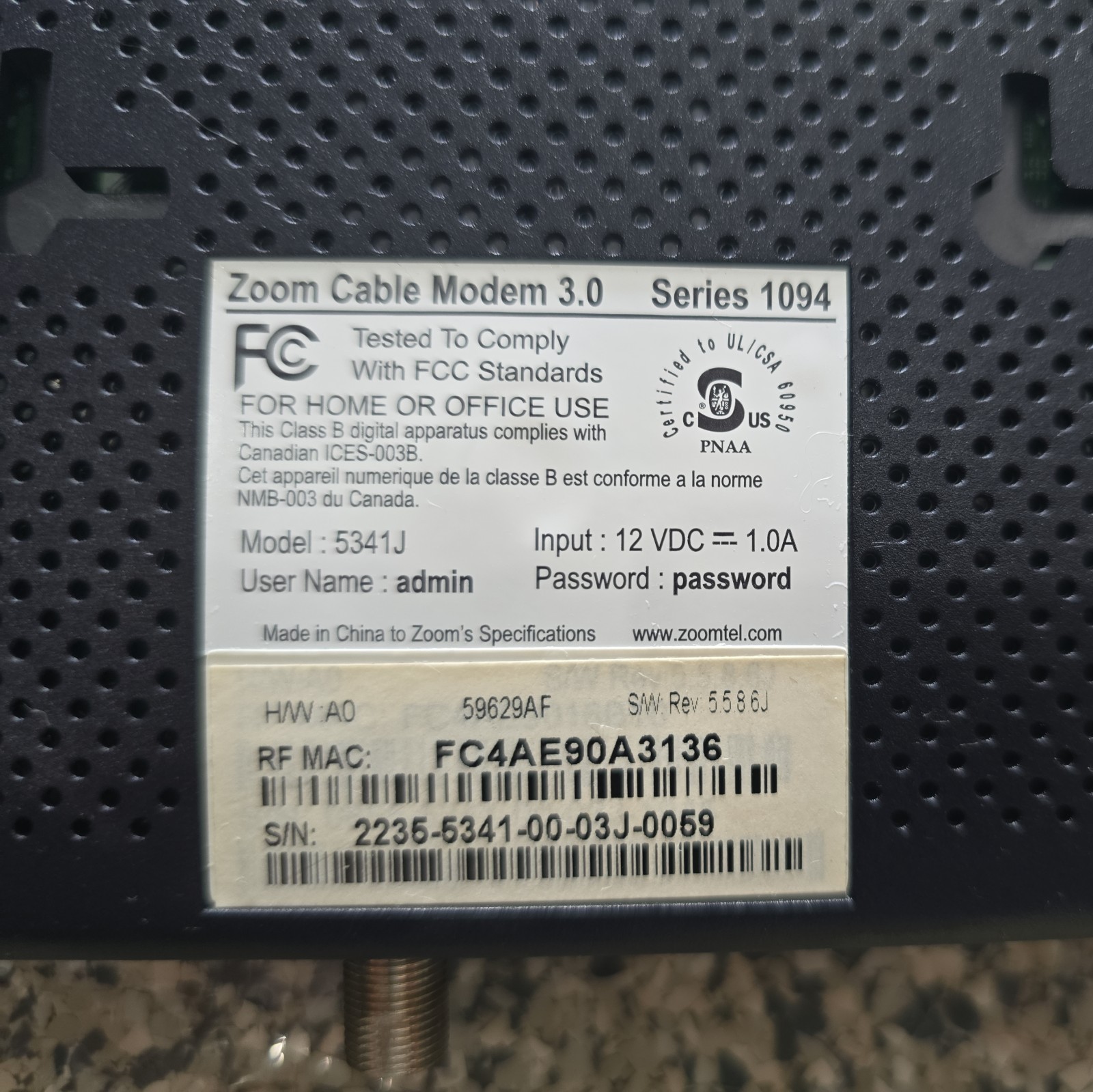 Zoom DOCSIS 3.0 High-Speed Cable Modem (Model 5341J) Black w/ Power Adapter