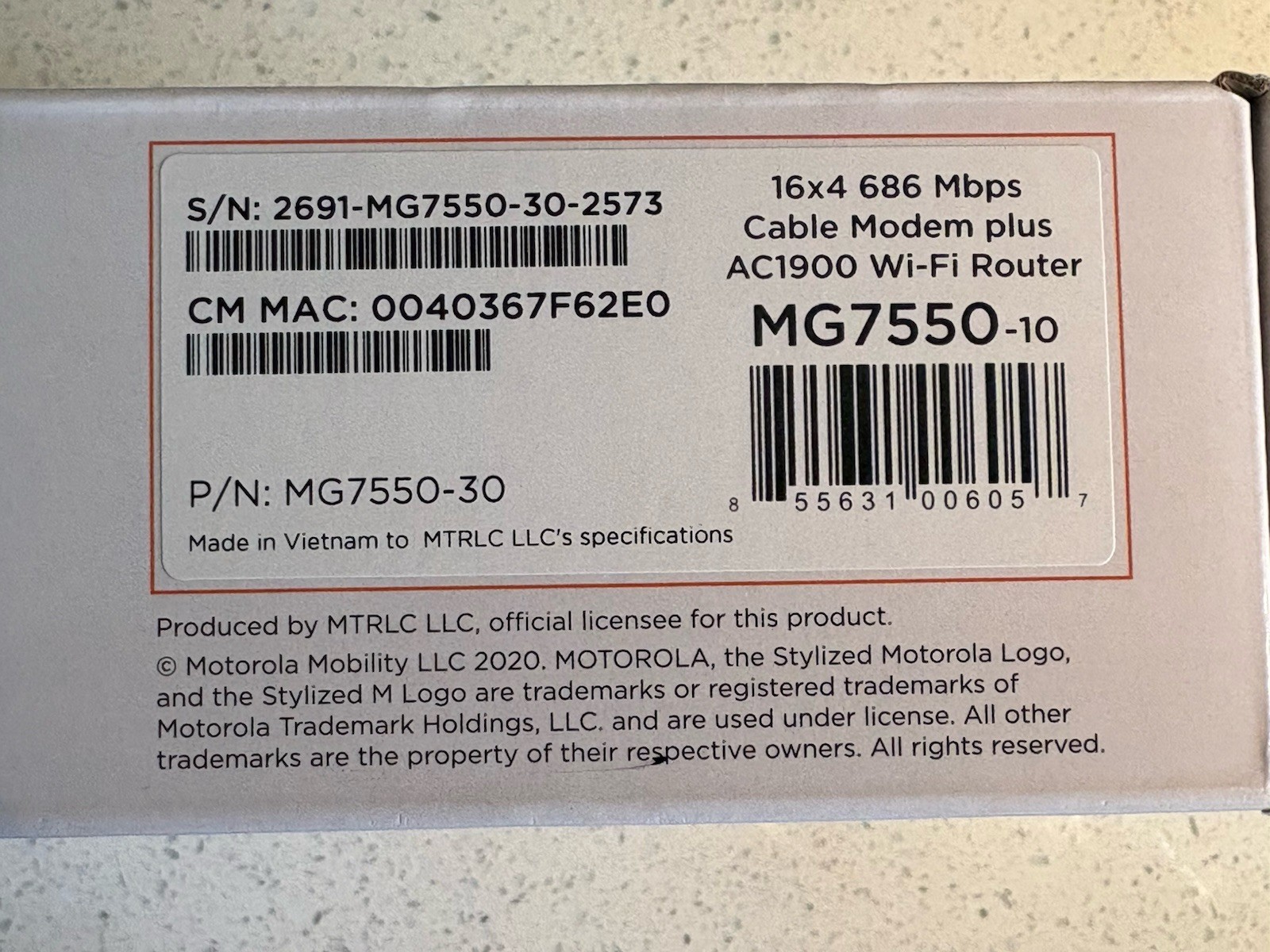 Motorola MG7550 16×4 High Speed ​​Cable Modem Plus AC1900 WiFi Router – Gray
