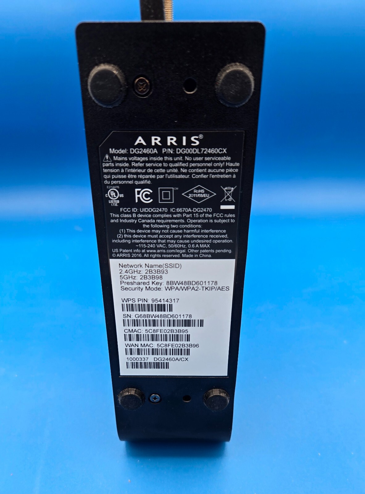 ARRIS DG2460A CABLE MODEM DUAL BAND WIFI, WIRELESS ROUTER DOCSIS 3.0 WORKS