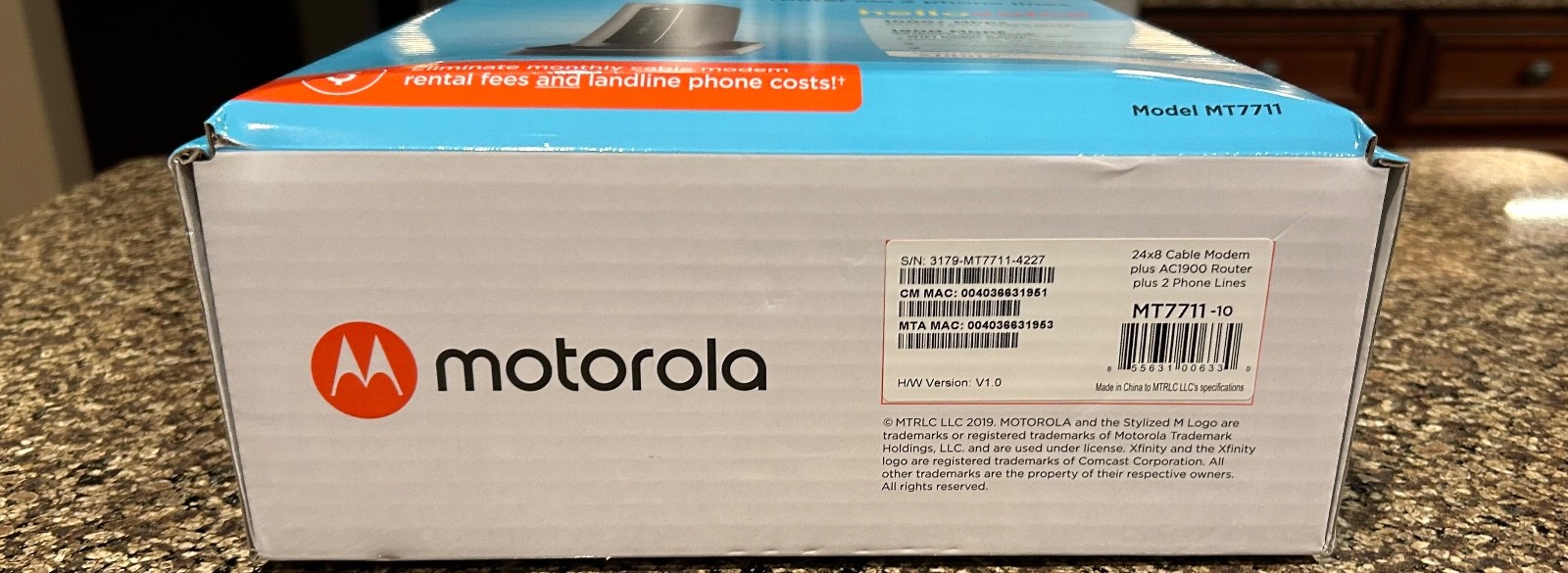 Motorola Cable Modem Wi-Fi Gigabit Router Model No. MT7711-AC1900-Power Boost