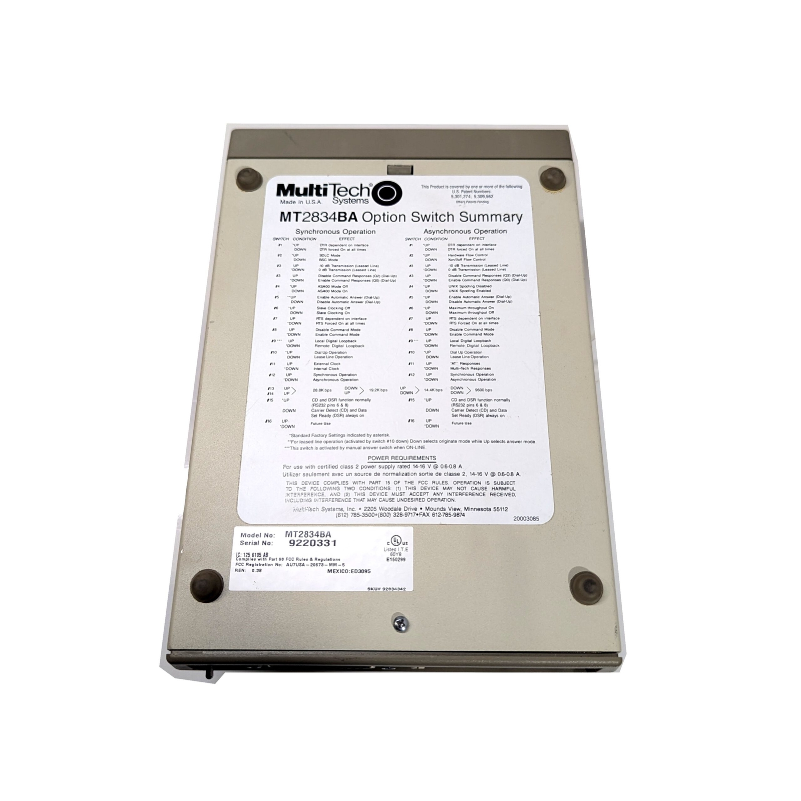 MultiTech Systems MT2834BA MultiModem II 33.6Kbps Intelligent Modem