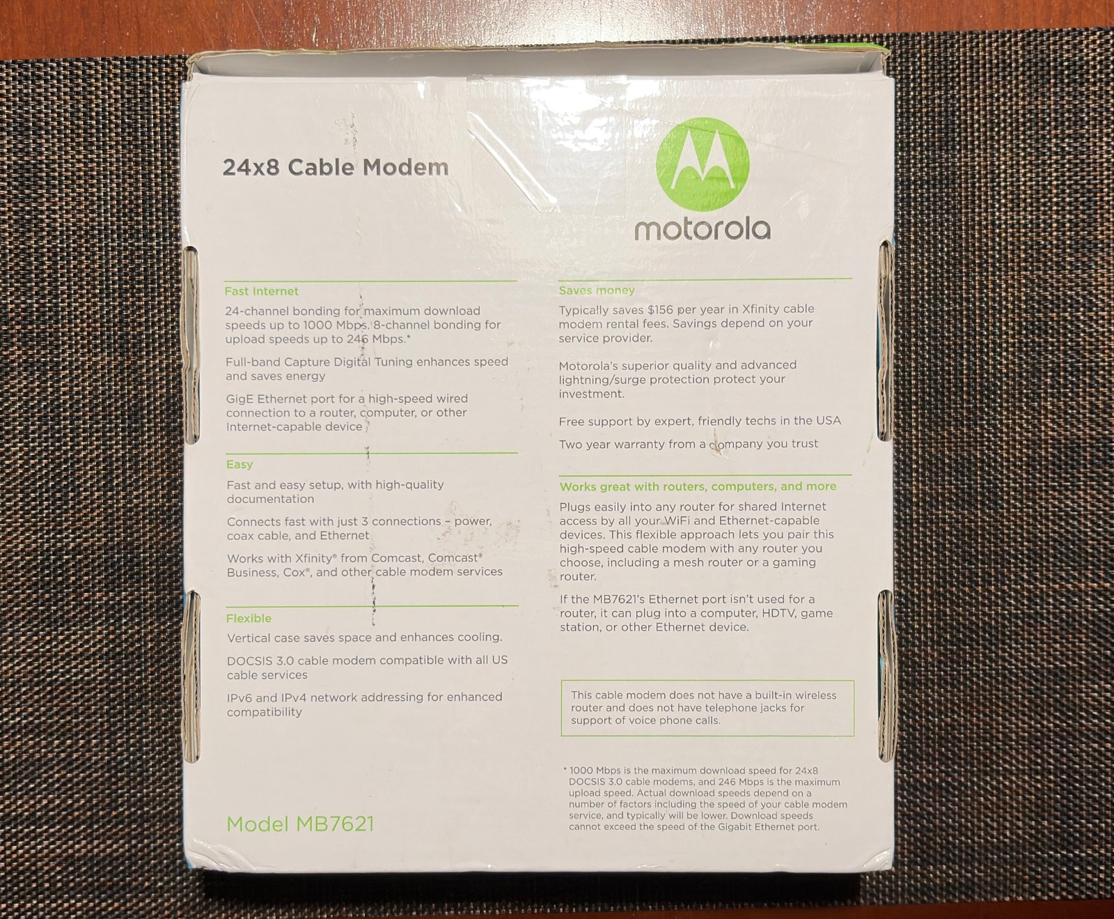 Motorola MB7621 Cable Modem | DOCSIS 3.0 | 24×8 | Up to 1000 Mbps | Box Included