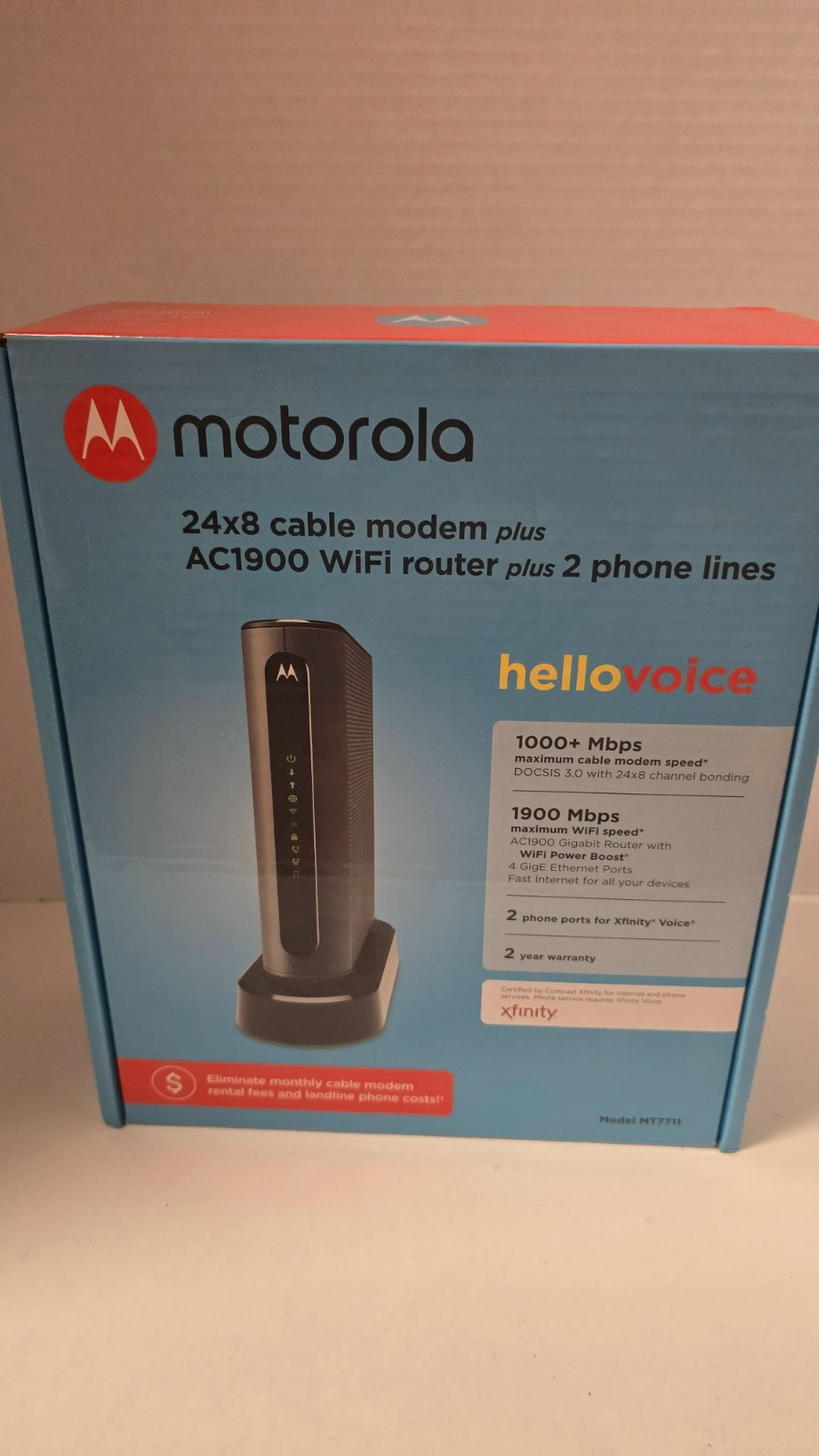 Motorola MT7711 Cable Modem AC1900 WiFi Router Xfinity Voice Power Cord Box