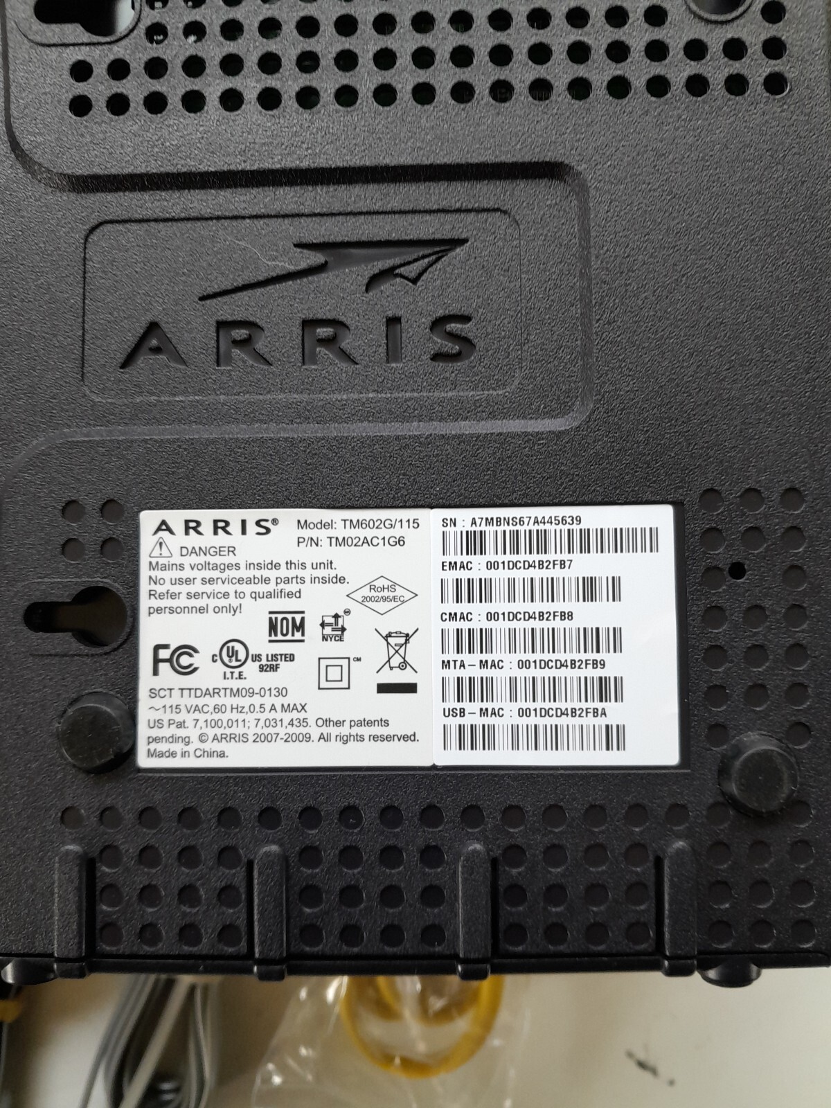 Arris 3.0 Cable Modem Model: TM602G/115 P/NTM02AC1G6 USED