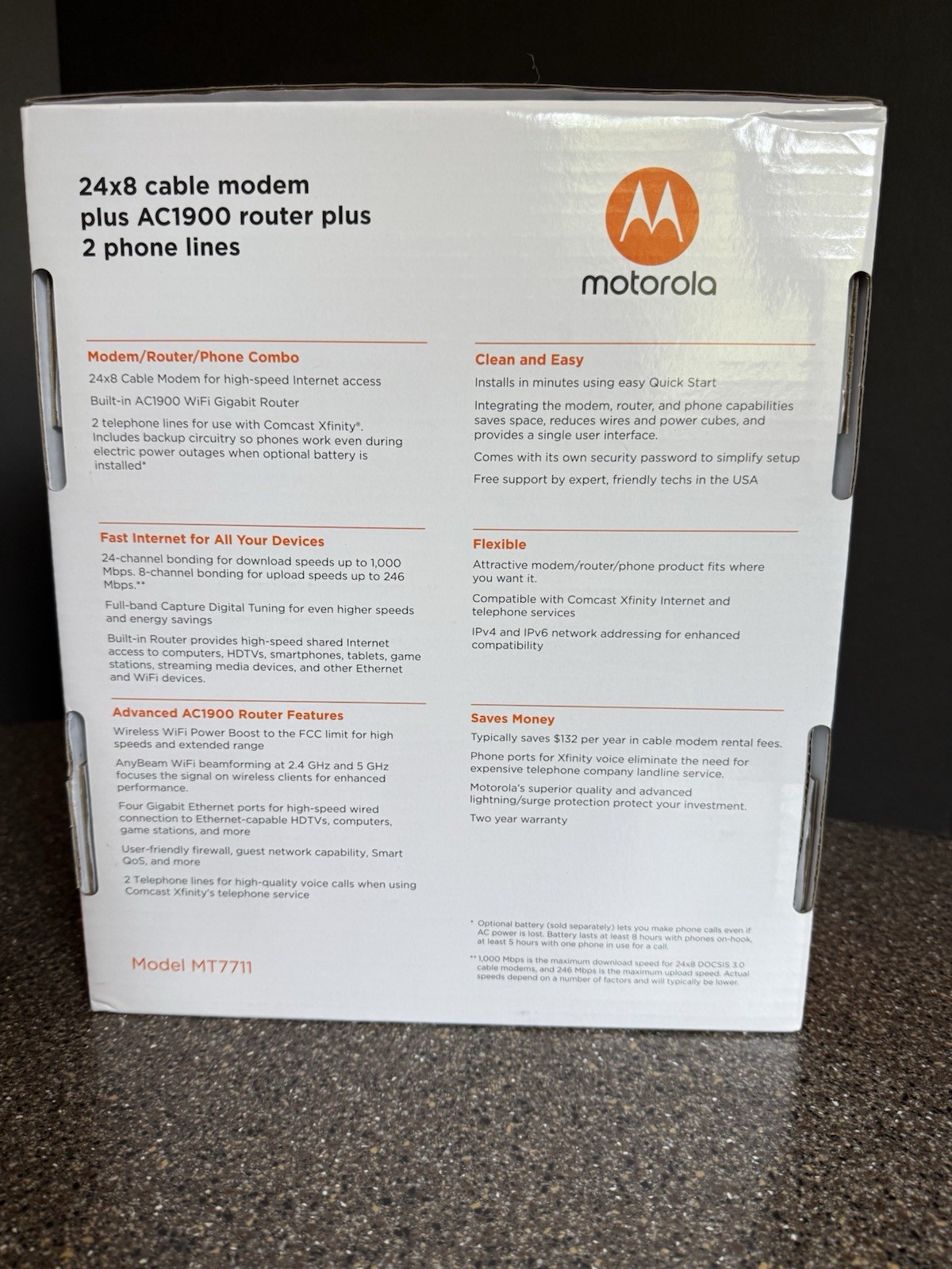 Motorola MT7711 24X8 Cable Modem plus AC1900 WiFi Router