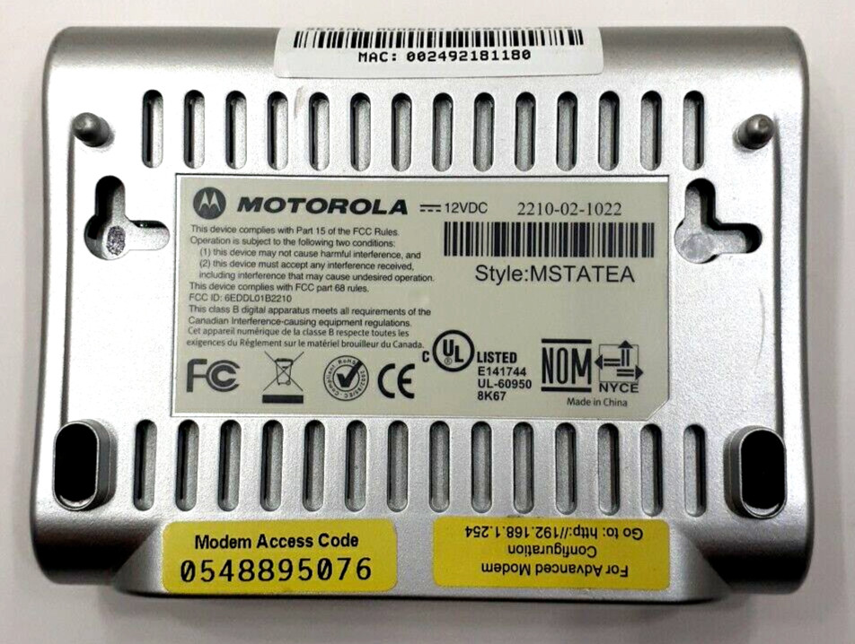 Motorola MSTATEA DSL Modem 2210-02-1022 W/O Power Supply AT&T Works Great