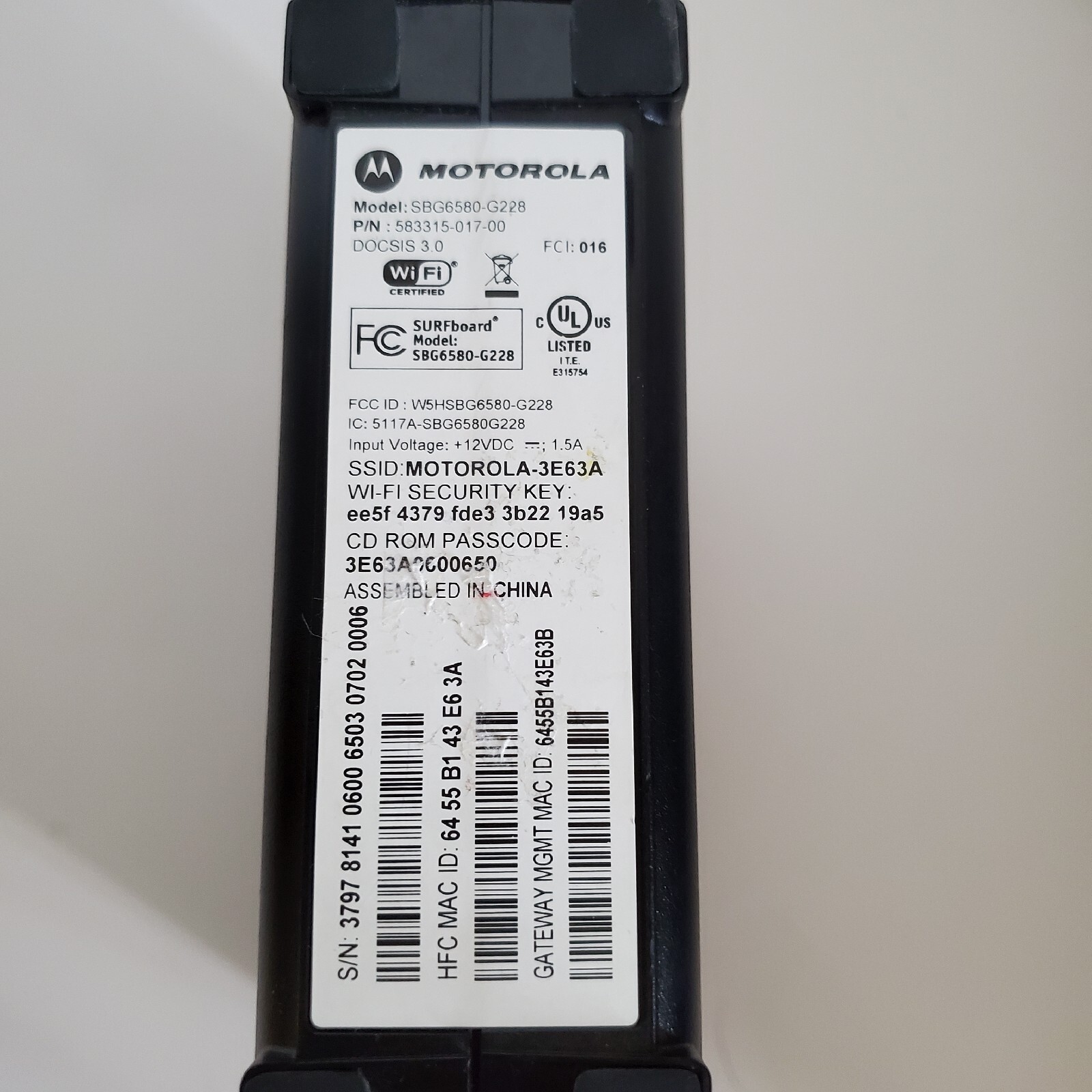 Motorola Arris Surfboard SBG6580 G228 Cable Modem Router Black No Cords