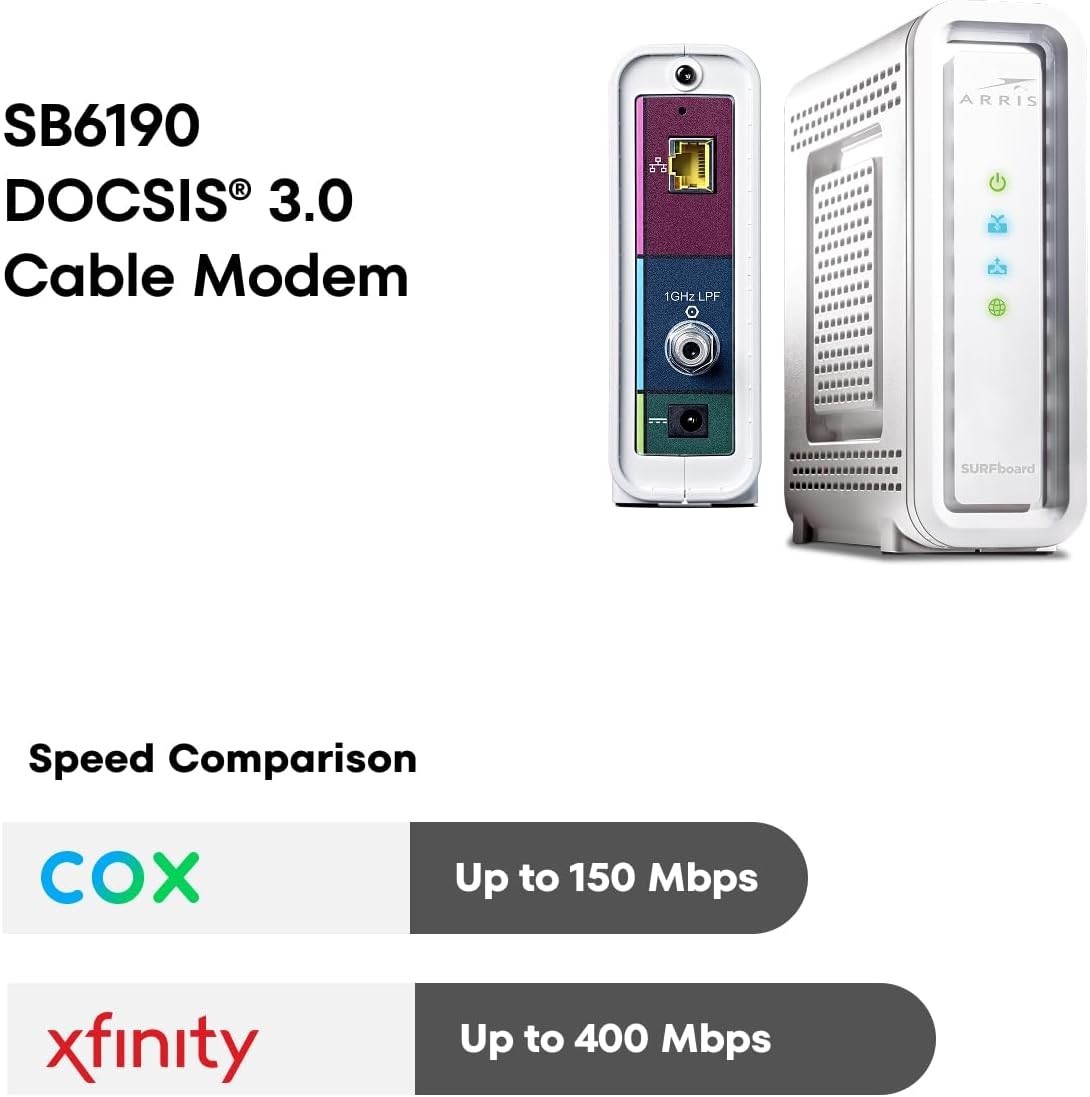 ARRIS SURFboard SB6190 32×8 DOCSIS 3.0 Cable Internet Modem Gaming Stream 800 Mb