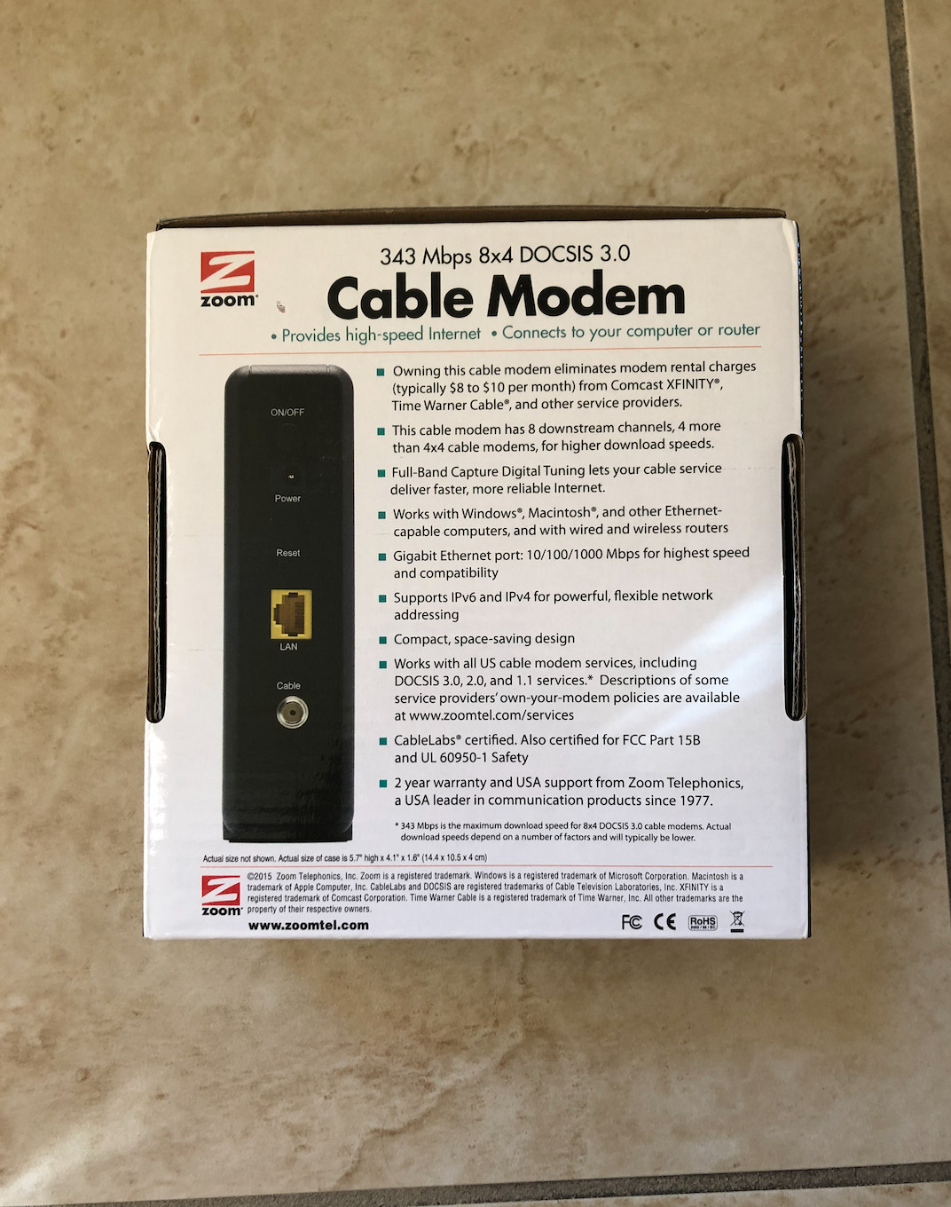 Zoom Cable Modem model 5354, 343 Mbps, Certified by Comcast XFINITY