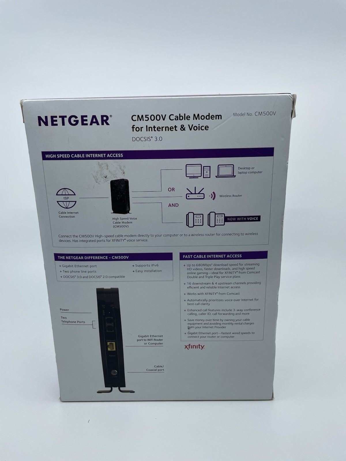 NETGEAR CM500V Cable Modem for Internet & Voice Xfinity 680mbps Open Box