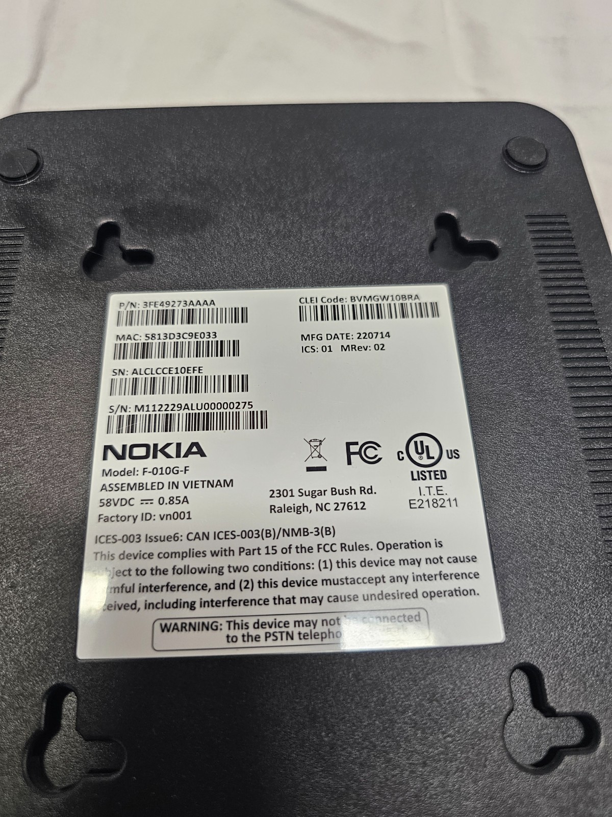 Nokia F-010G-F Fiber Box Fiber Optic Modem w/ Power Supply