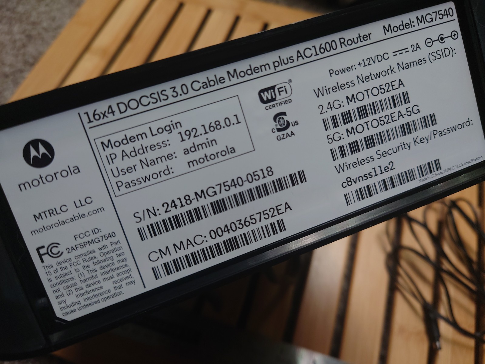 Motorola MG7540 16×4 Combination Cable Modem AC1600 Router