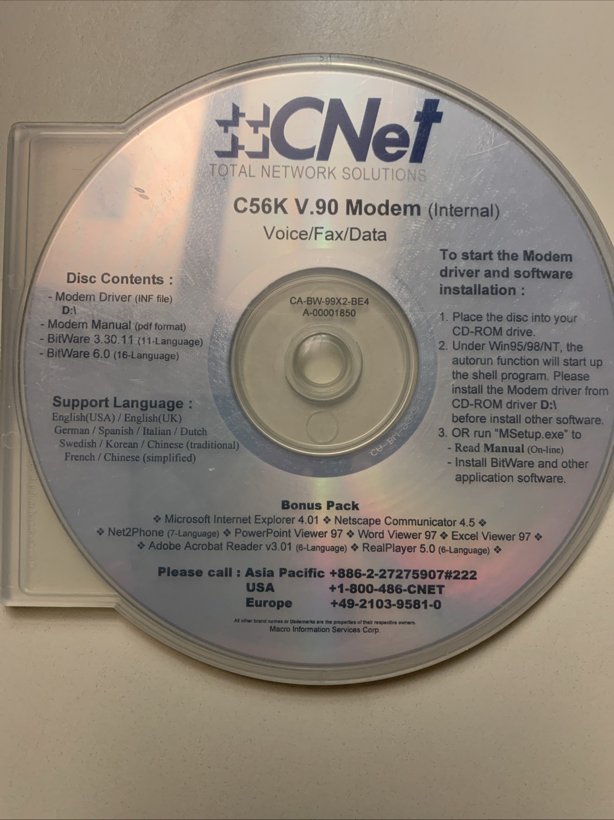 CNET Single Point Internal Modem 56k Voice Fax Modem Open Box