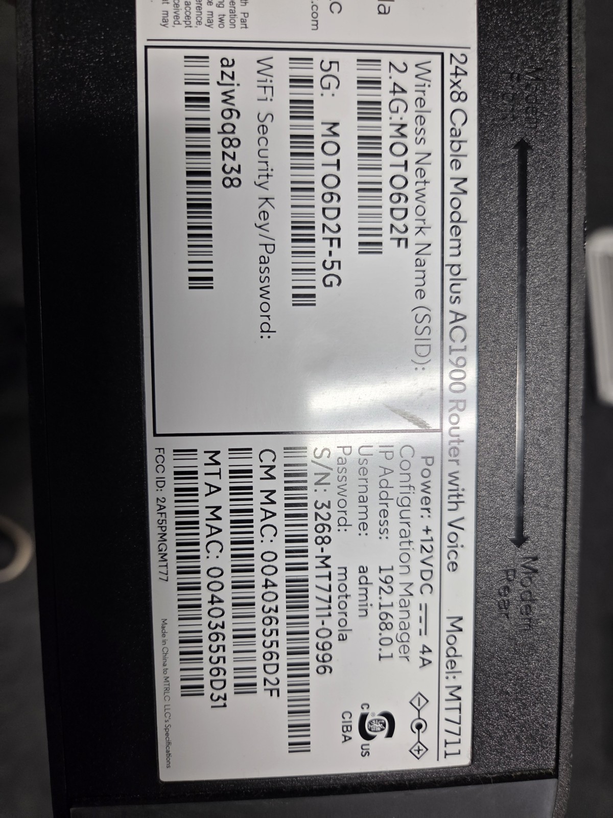 Motorola MT7711 Dual Band AC1900 Cable Modem and Wi-Fi Gigabit Router