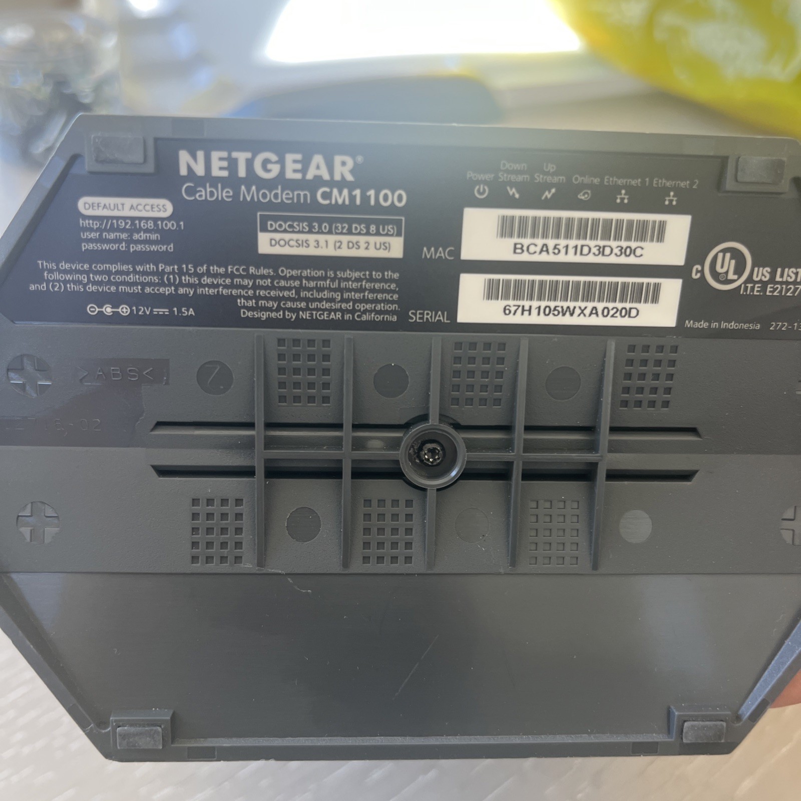 NETGEAR CM1100 CM 1100 High Speed Cable Modem DOCSIS 3.1 Gigabit (NO AC ADAPTER)