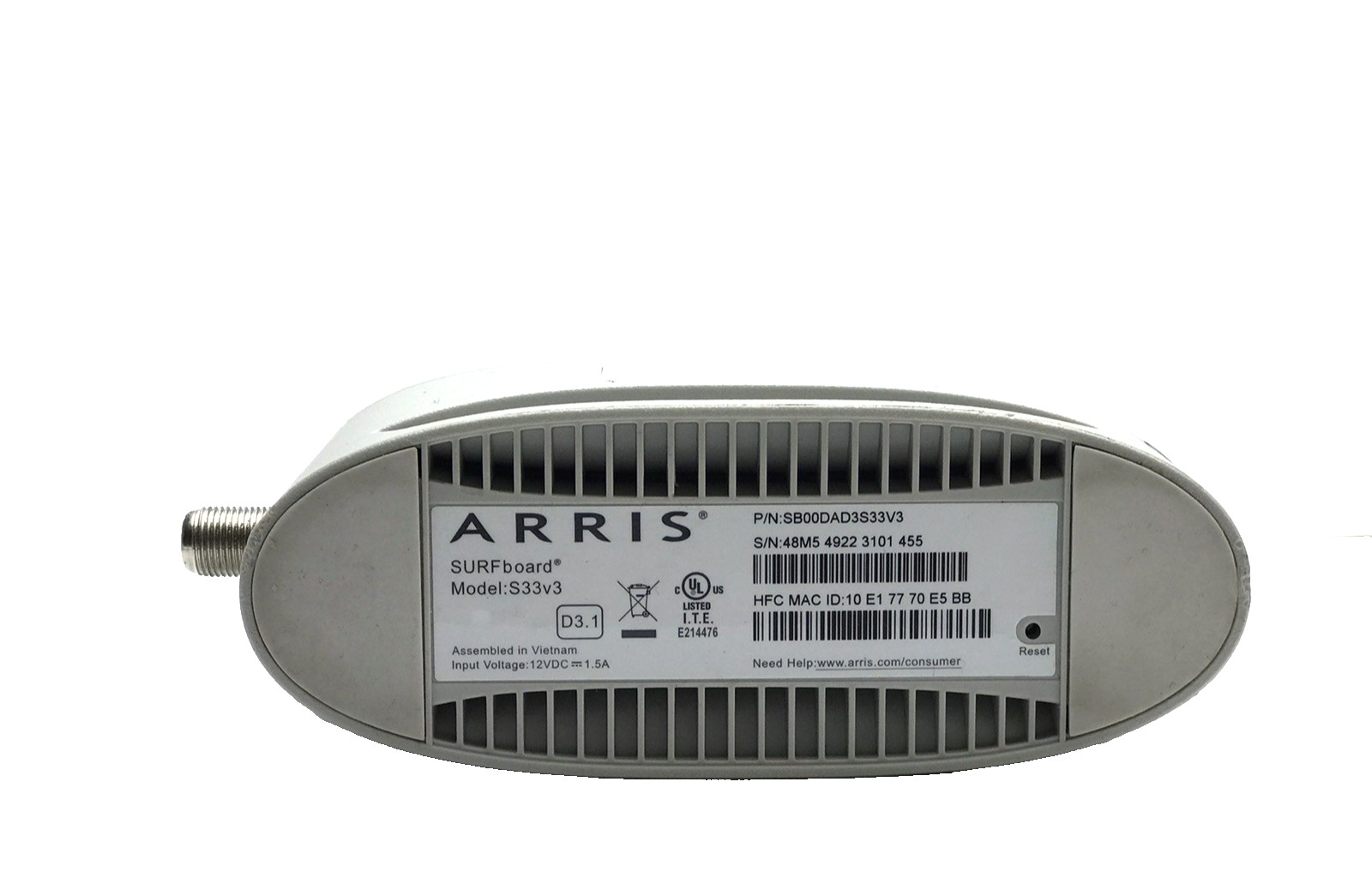 ARRIS SURFboard S33v3 DOCSIS D3.1 Cable Modem SB00DAD3S33V3 2-Port Gigabit
