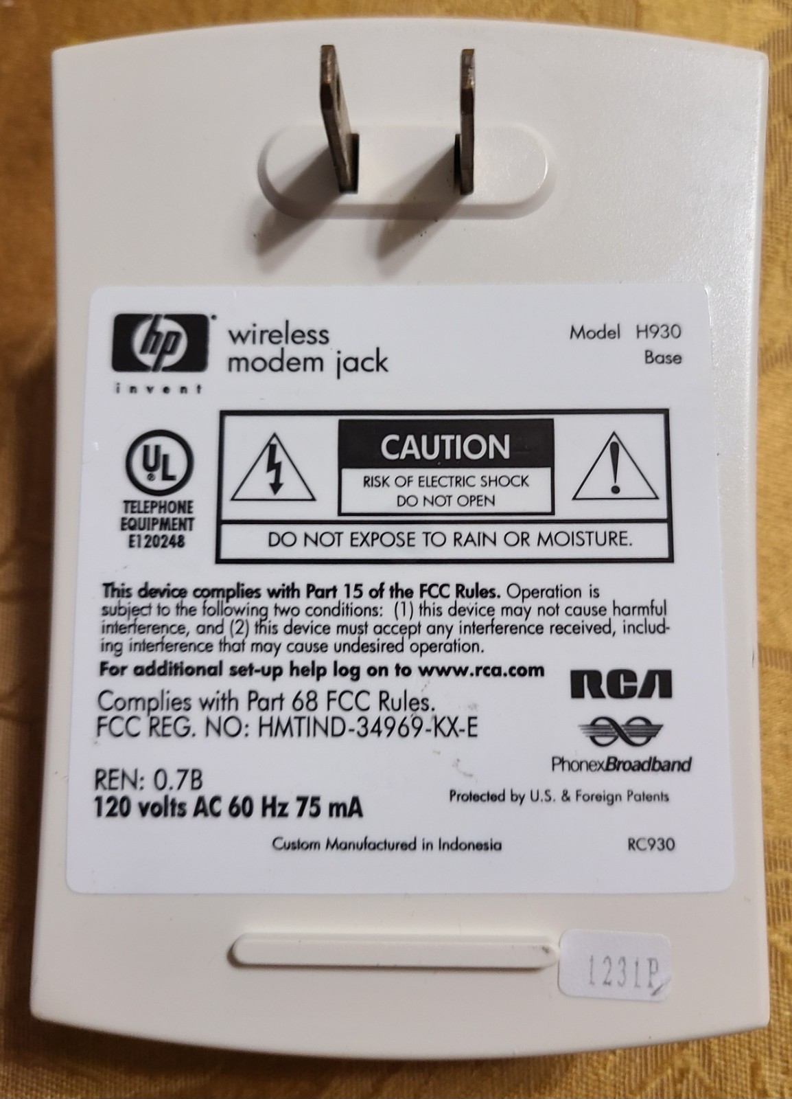 RCA H930 Wireless Modem Jack System BASE Unit, White