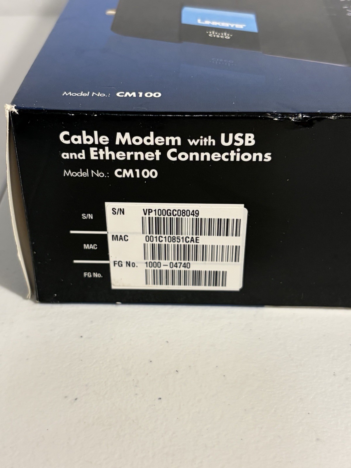Cisco-Linksys Cable Modem with USB And Ethernet Connections Model #CM100