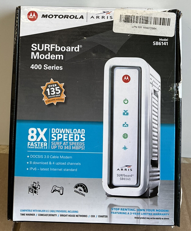 NEW (Open Box) ARRIS SURFboard DOCSIS 3.0 Cable Modem SB6141 12 Channel 343 MBPS