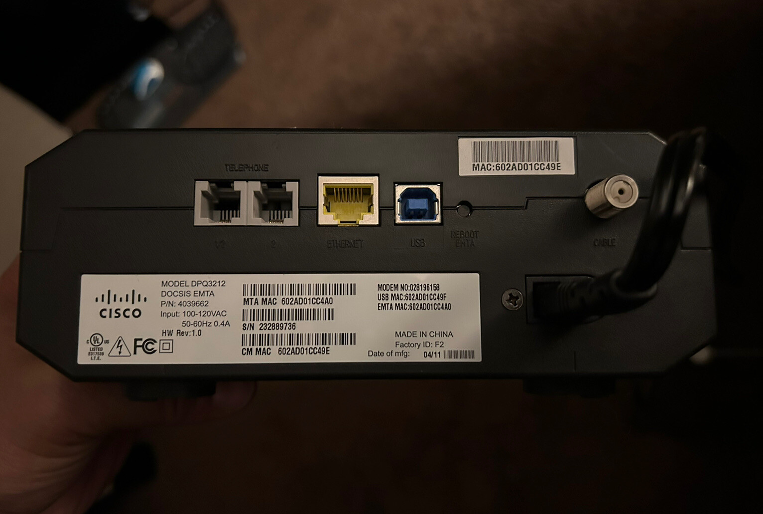 CISCO DPQ3212 CABLE MODEM DOCSIS 3 PHONE MODEM OPTIMUM/CABLEVISION