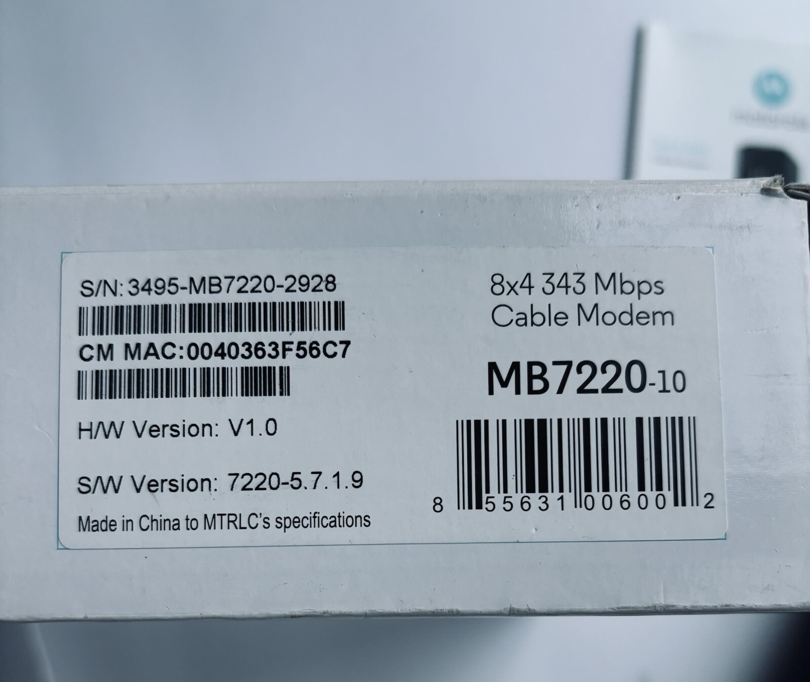 Motorola 8×4 Cable Modem MB7220, 343 Mbps DOCSIS 3.0 Turns On Did Not Wire Test