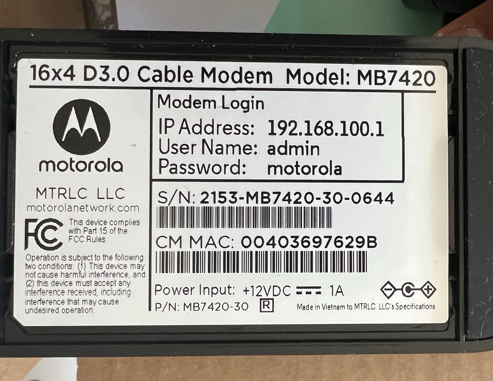 Motorola MB7420 (16×4) Cable Modem DOCSIS 3.0