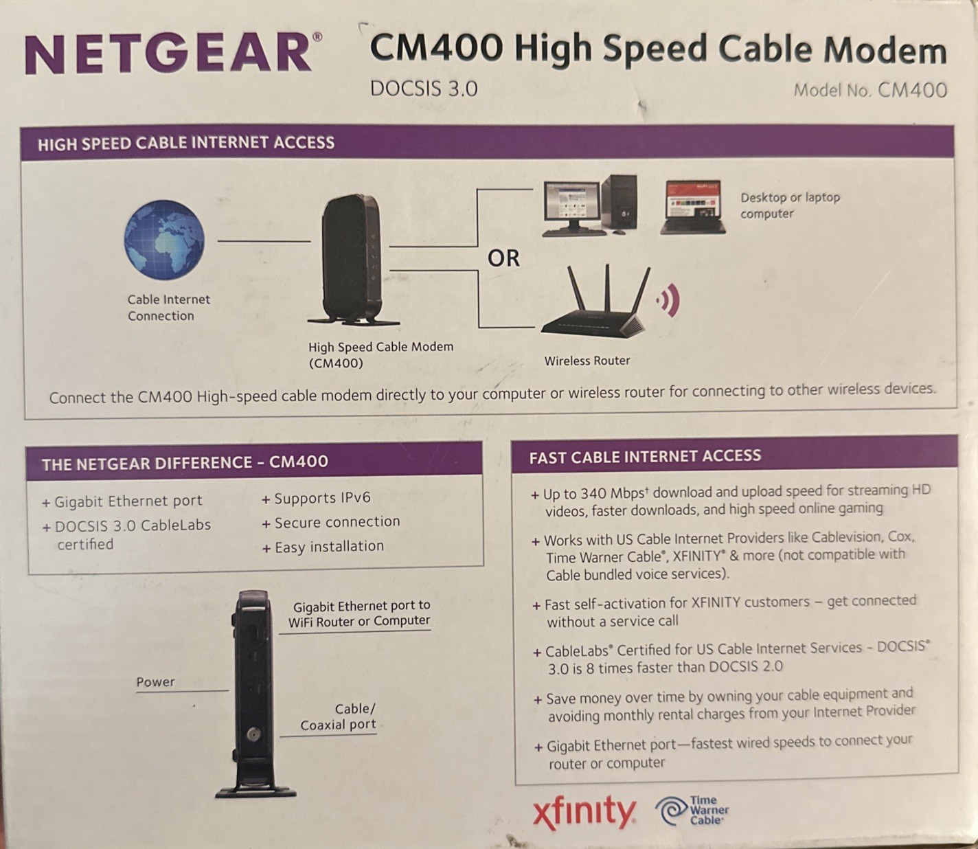 NEW Netgear DOCSIS 30 (CM400-100NAS) 340 Mbps High Speed Cable Modem