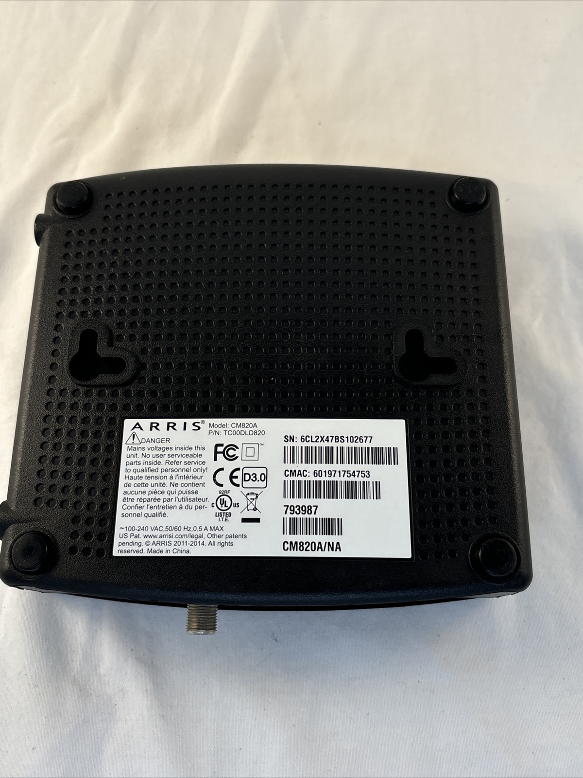 Arris CM820A TC00DLD820 CM820A/NA DOCSIS 3.0 Cable Modem w/ Power Cord