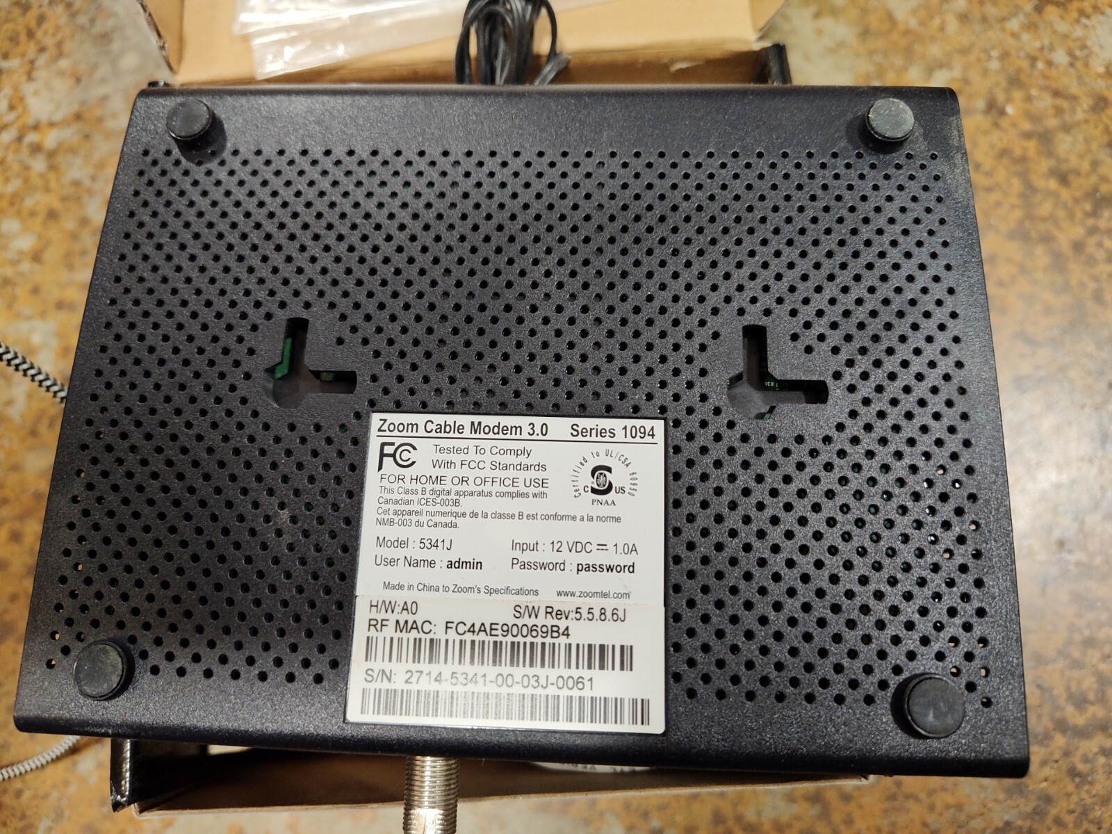 Zoom 343 Mbps DOCSIS 3.0 Cable Modem Model: 5341