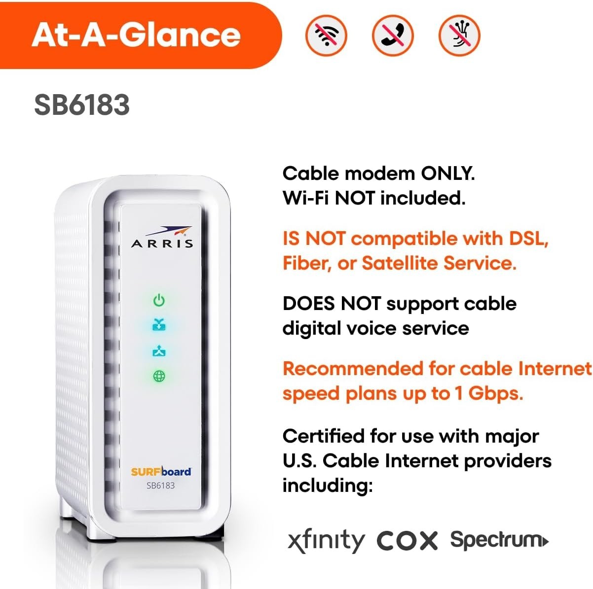 ARRIS SB6183RB 16×4 Gigabit Cable Modem 1 Gbps Port 400 Mbps Max Internet Speed