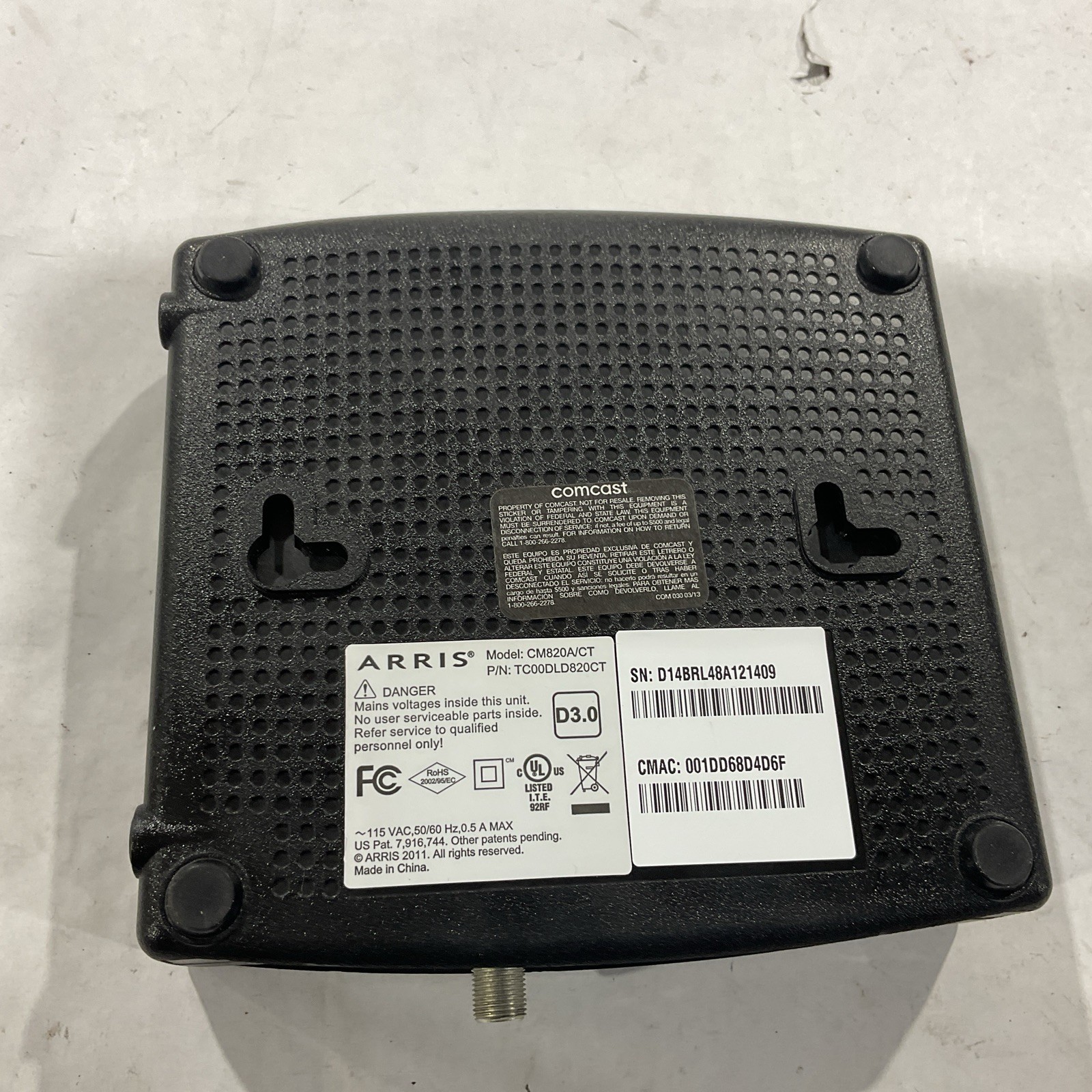 ARRIS Model: CM820A TC00DLD820 CM820A/NA DOCSIS 3.0 Cable Modem w/ Power Cord