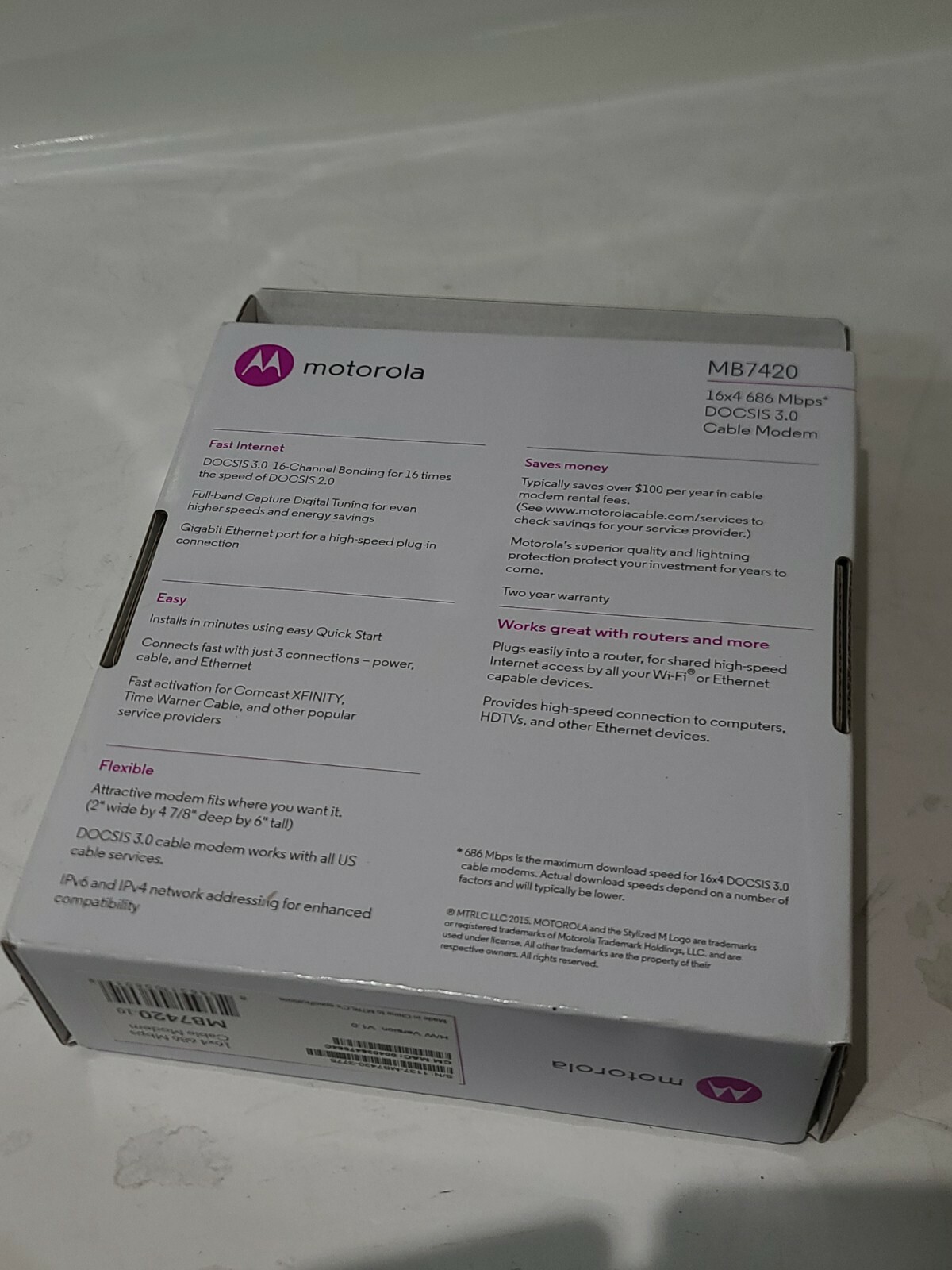 Motorola MB7420 686mbps 16×4 DOCSIS 3.0 Cable Modem + Box