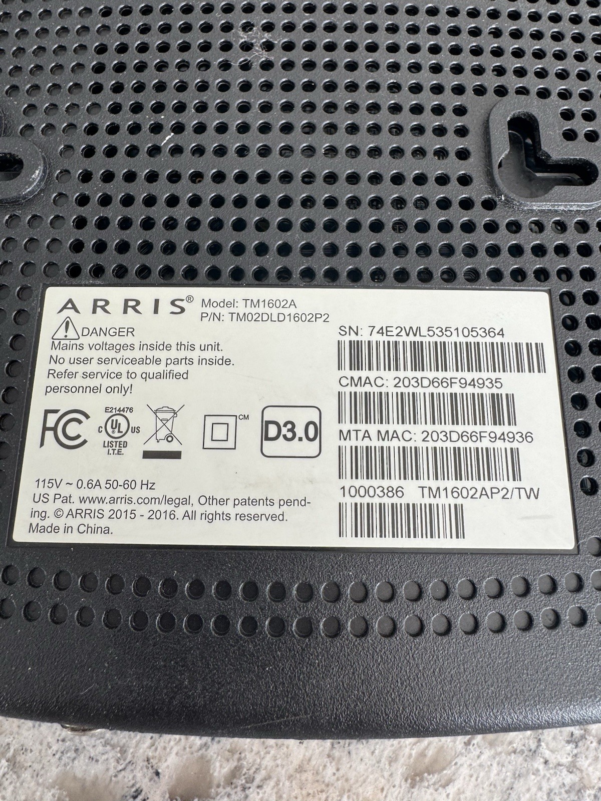 ARRIS TM1602A Cable Internet Phone Modem With Cord ~ Charter Spectrum, Optimum