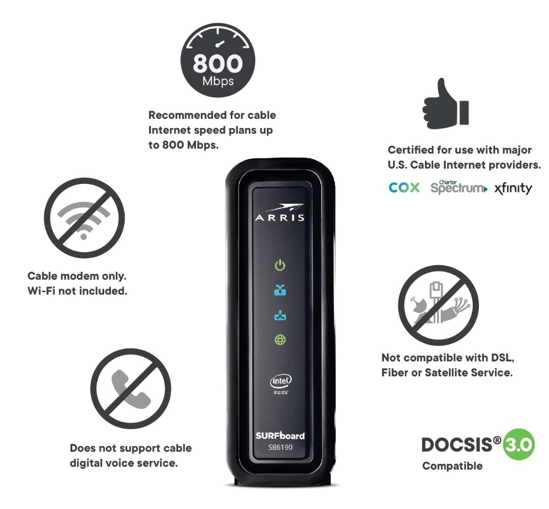 Arris Surfboard Docsis 3.0 Cable Modem SB6190 Cox SPECTRUM Comcast XFINITY BLACK