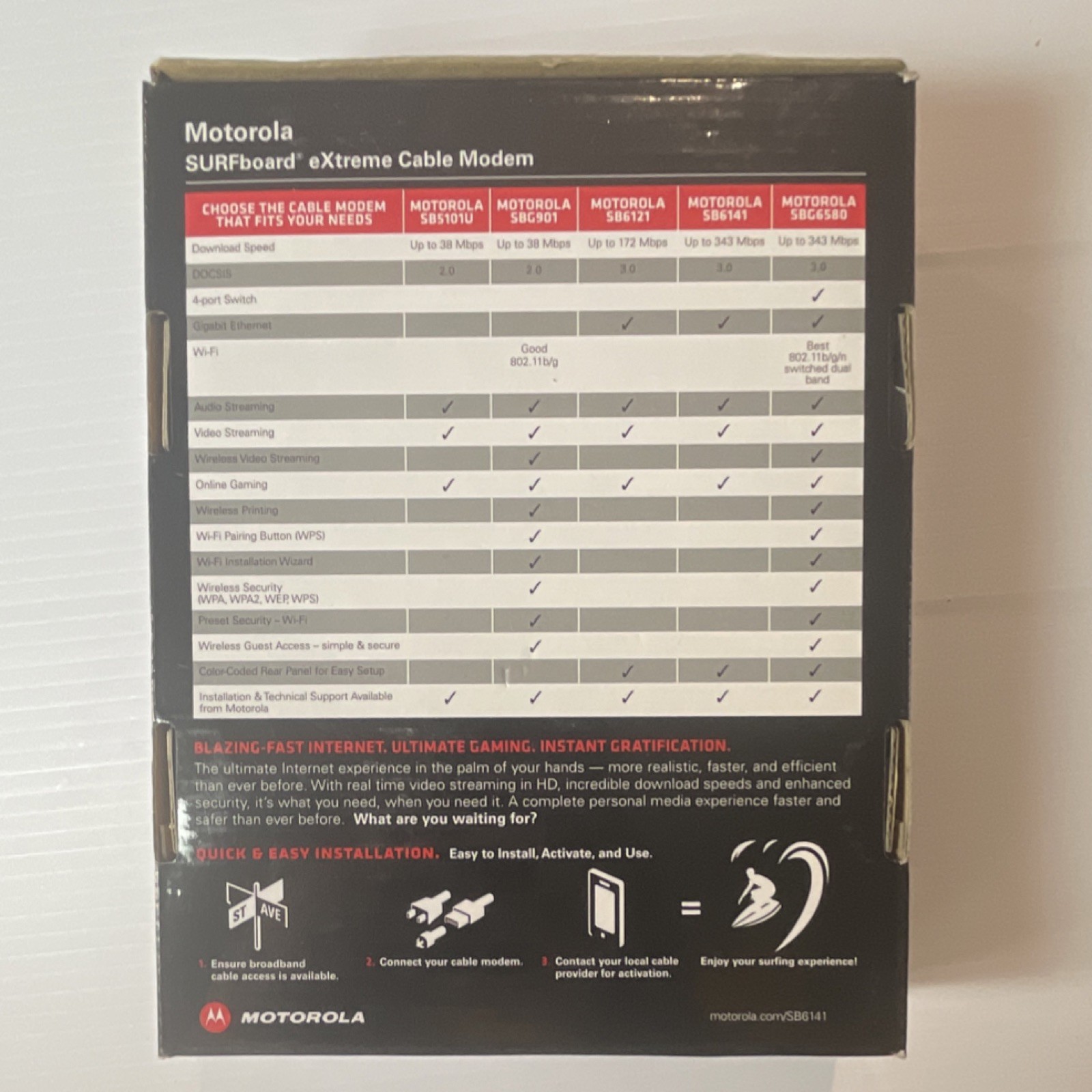 Motorola SB6141 DOCSIS 3.0 Cable Modem 343 Mbps Ethernet For Gaming HD Streaming