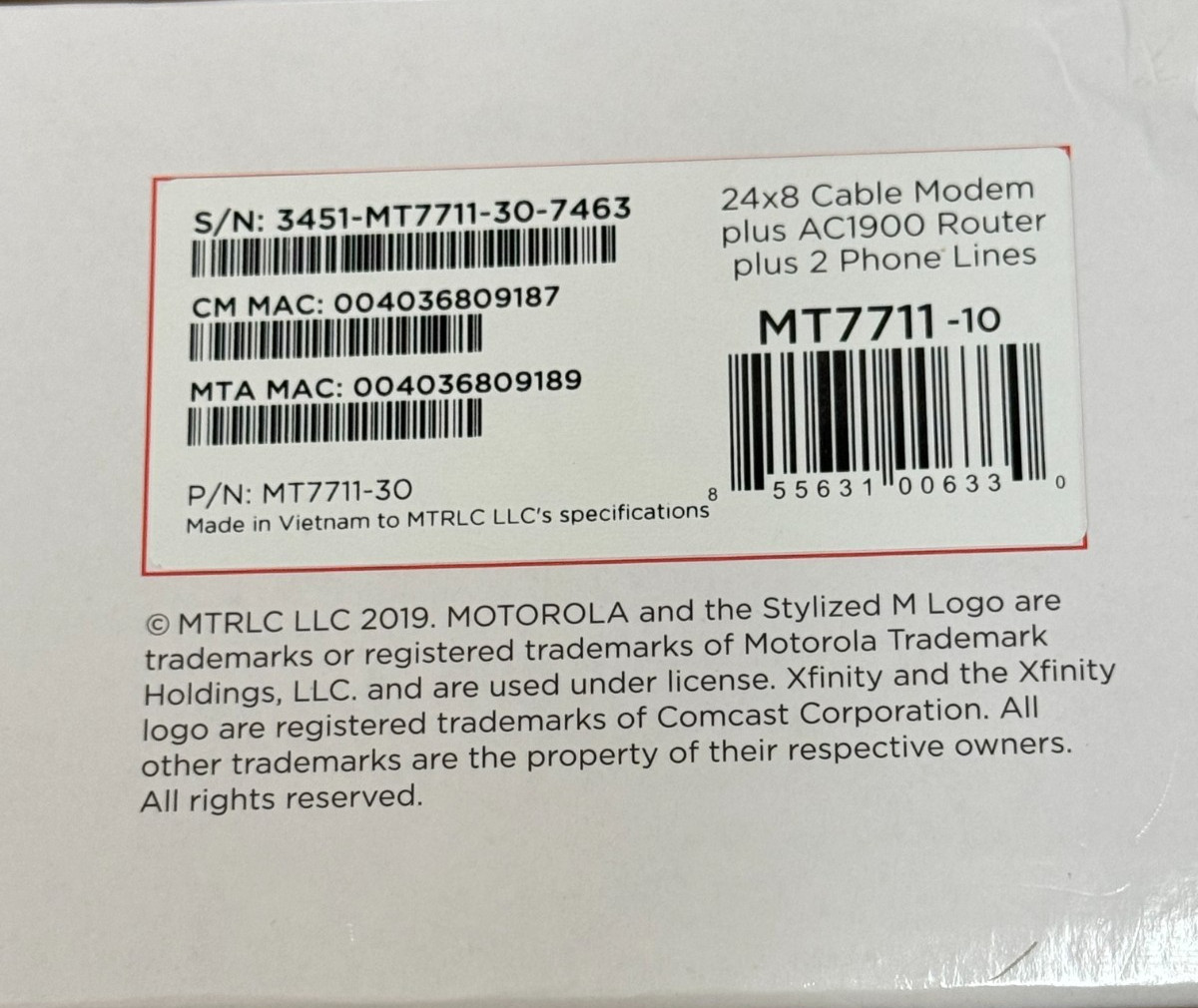 Motorola 24×8 MT7711 Cable Modem and AC1900 Dual Band Wi-Fi Router 2 Phone Lines
