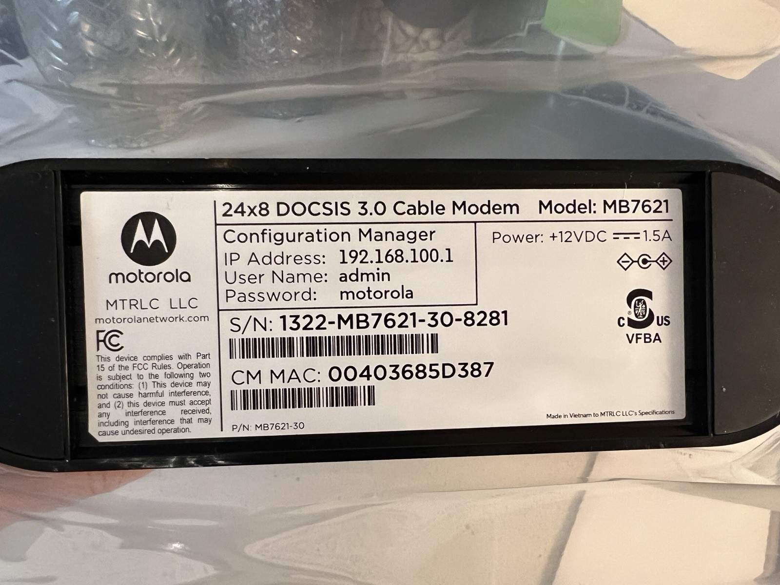 Motorola 24×8 Cable Modem MB7621 DOCSIS 3.0 1000+ mbps New Open Box – See Pics