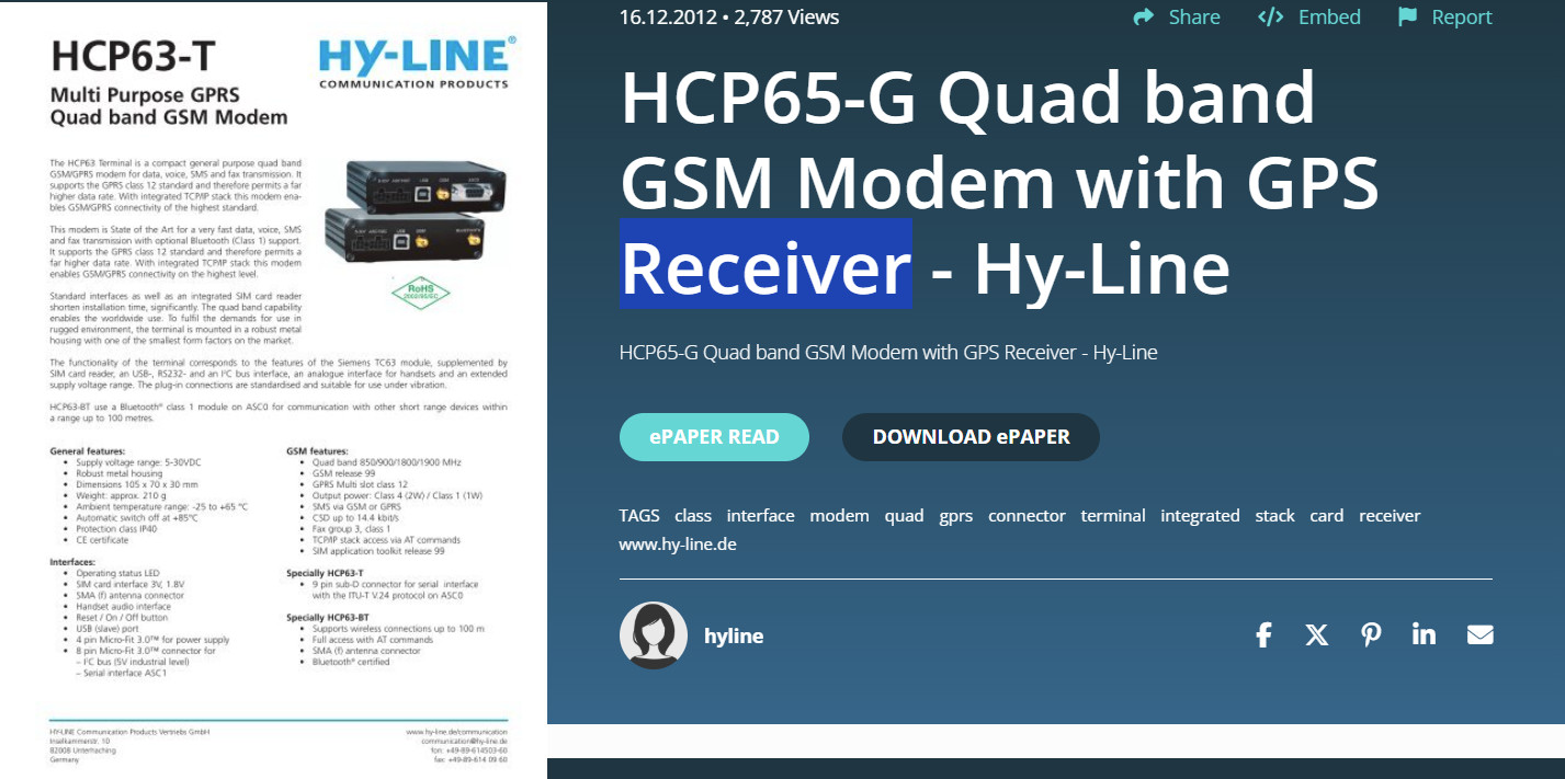 Hy-Line HCP65-G Quad band GSM Modem with GPS Receiver