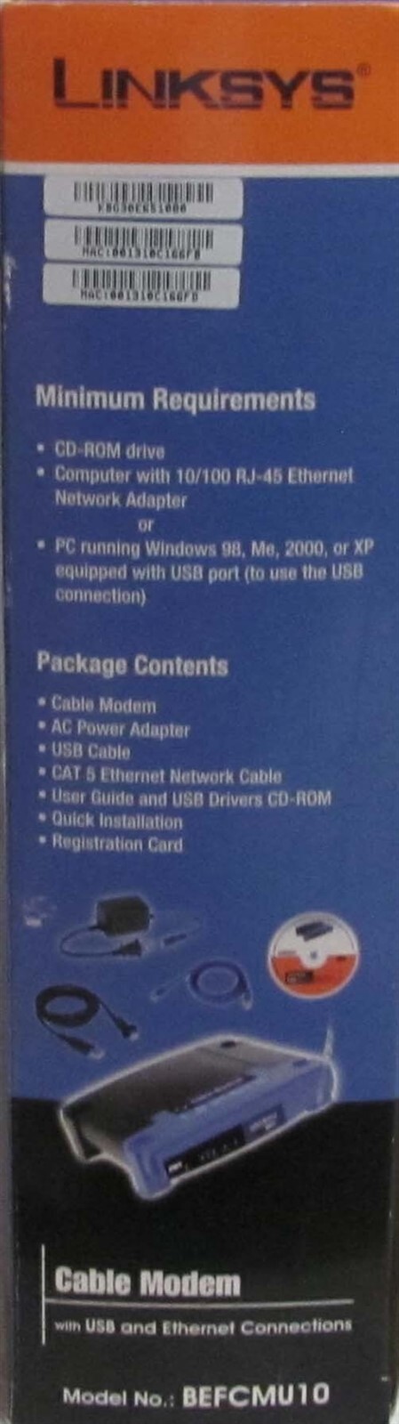 Linksys Cable Modem With USB & Ethernet Connections (Model #BEFCMU10) NEW