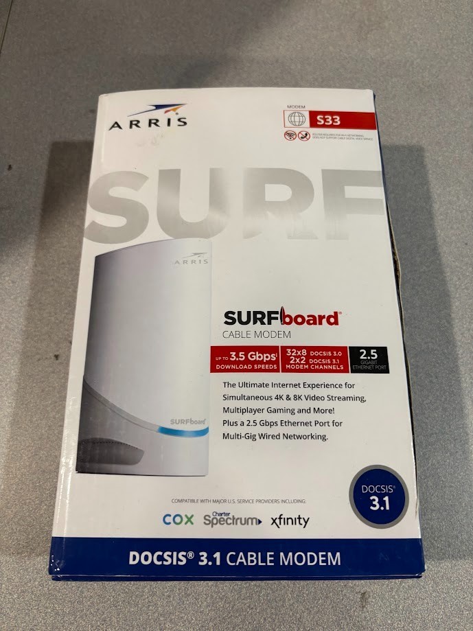 ARRIS SURFboard S33 DOCSIS 3.1 Cable Modem 2.5 Gbps White w/ Adapter