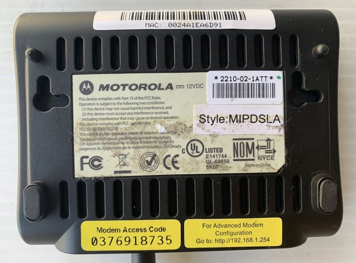 AT&T High Speed Internet Motorola DSL Modem 2210-02-1ATT Style MIPDSLA