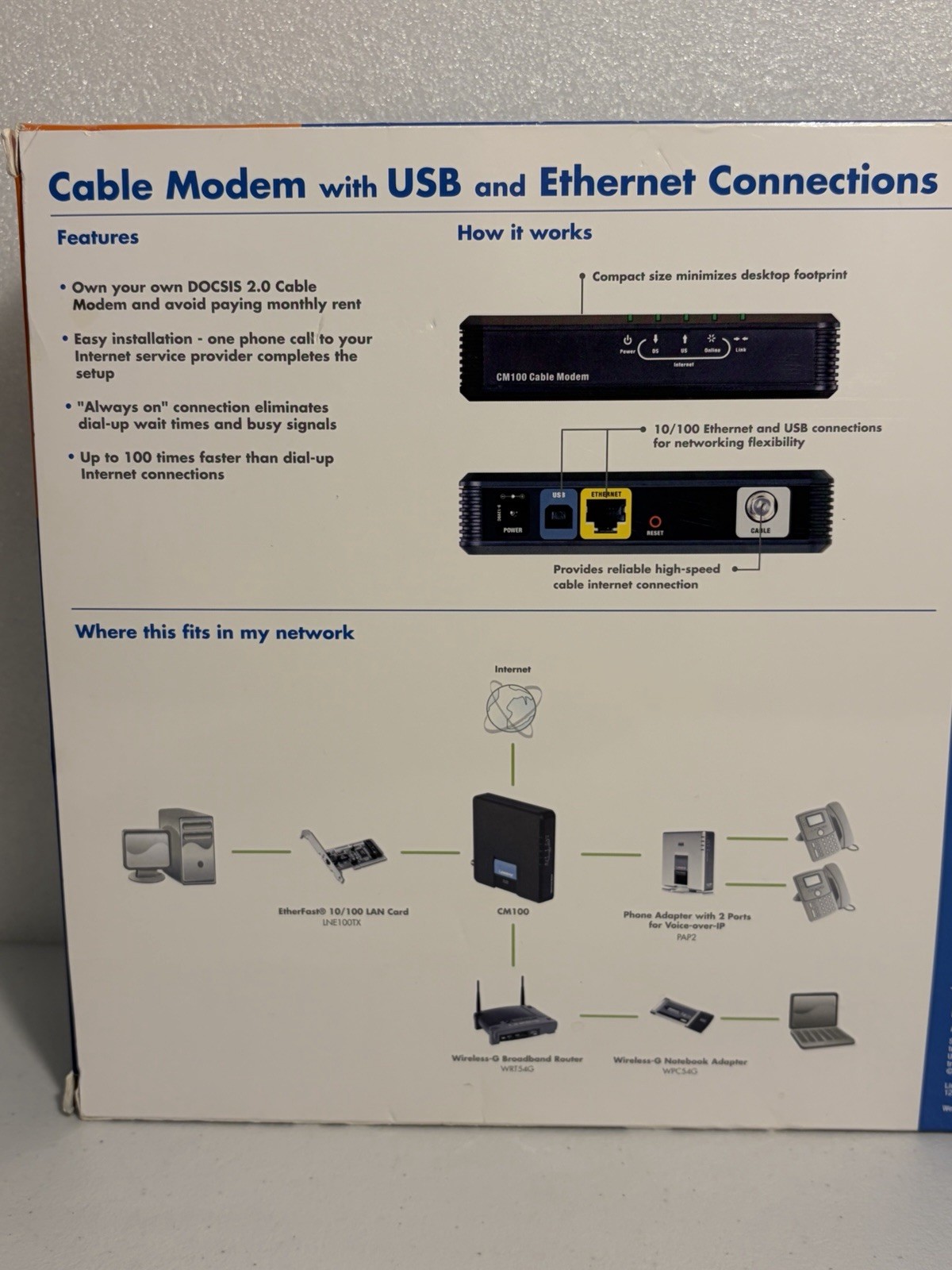 Cisco-Linksys Cable Modem with USB And Ethernet Connections Model #CM100